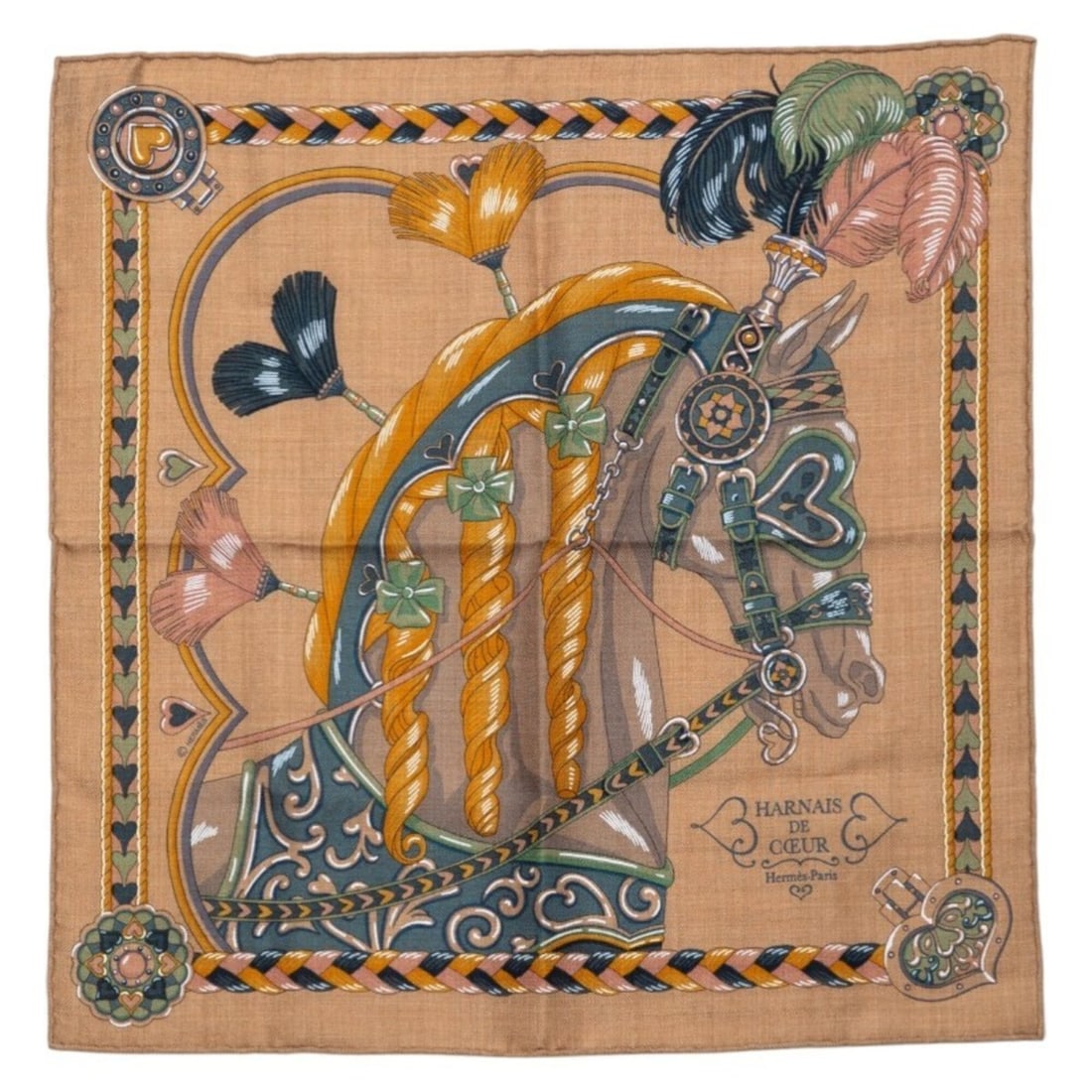 Hermes Carre 45 Gavroche HARNAIS DE COEUR Scarf Muffler Caramel Mordre Green Cashmere Silk Women's: --- Catalog ---Category: SizeSize (LxW): 43cm x 42cm / 16.92'' x 16.53''Category: DesignType: ScarfColor: GreenGender: WomenMaterial: Cashmere , Silk Category: GeneralBrand: Hermes--- Item List ---Sec