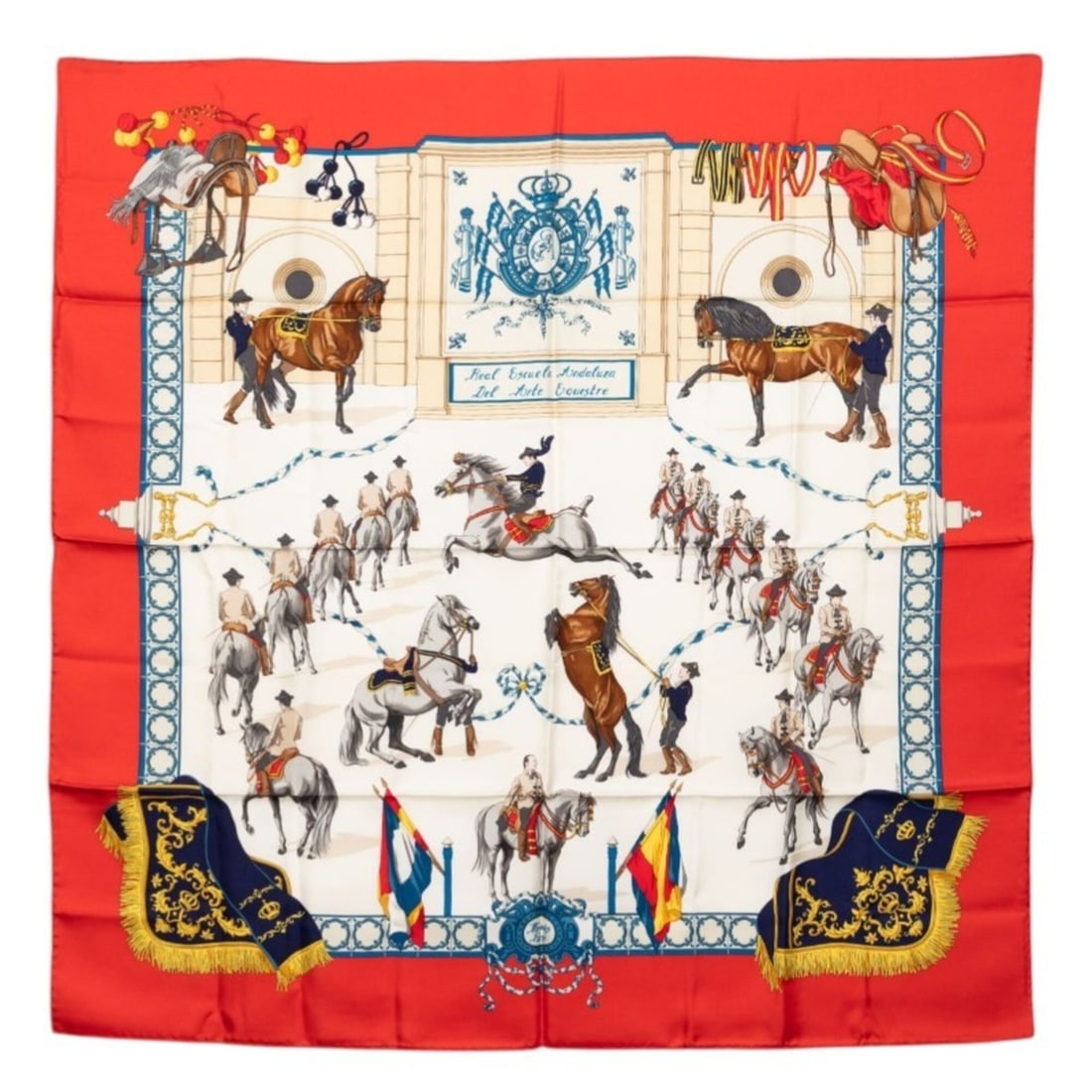 Hermes Carre 90 Real Escalade Andalusia (Andalusian Equestrian School) Scarf/Muffler, Red Multicolor: --- Catalog ---Category: SizeSize (LxW): 87.5cm x 88cm / 34.44'' x 34.64''Category: DesignType: ScarfColor: Multi-color, Red colorGender: WomenMaterial: Silk Category: GeneralBrand: Hermes--- Item Lis