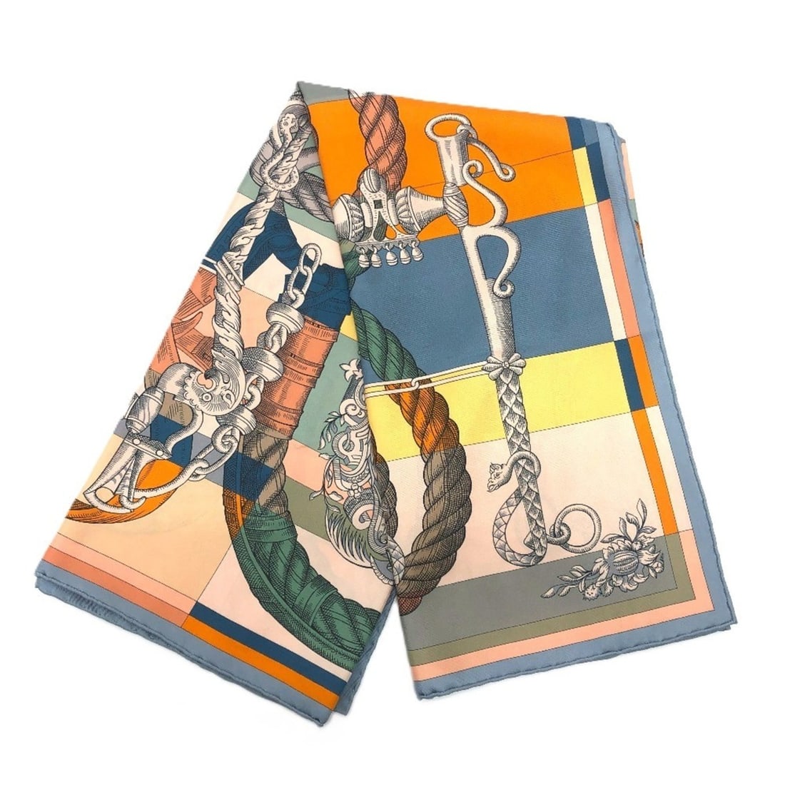 HERMES Della Cavalleria Double Face Carre 90 Shawl Stole Large Scarf Muffler Silk Men's Women's: --- Catalog ---Category: SizeSize (LxW): 90cm x 90cm / 35.43'' x 35.43''Category: DesignType: ShawlColor: Blue, OrangeGender: Men,WomenMaterial: Silk Category: GeneralBrand: HermesCountry of Origin: F