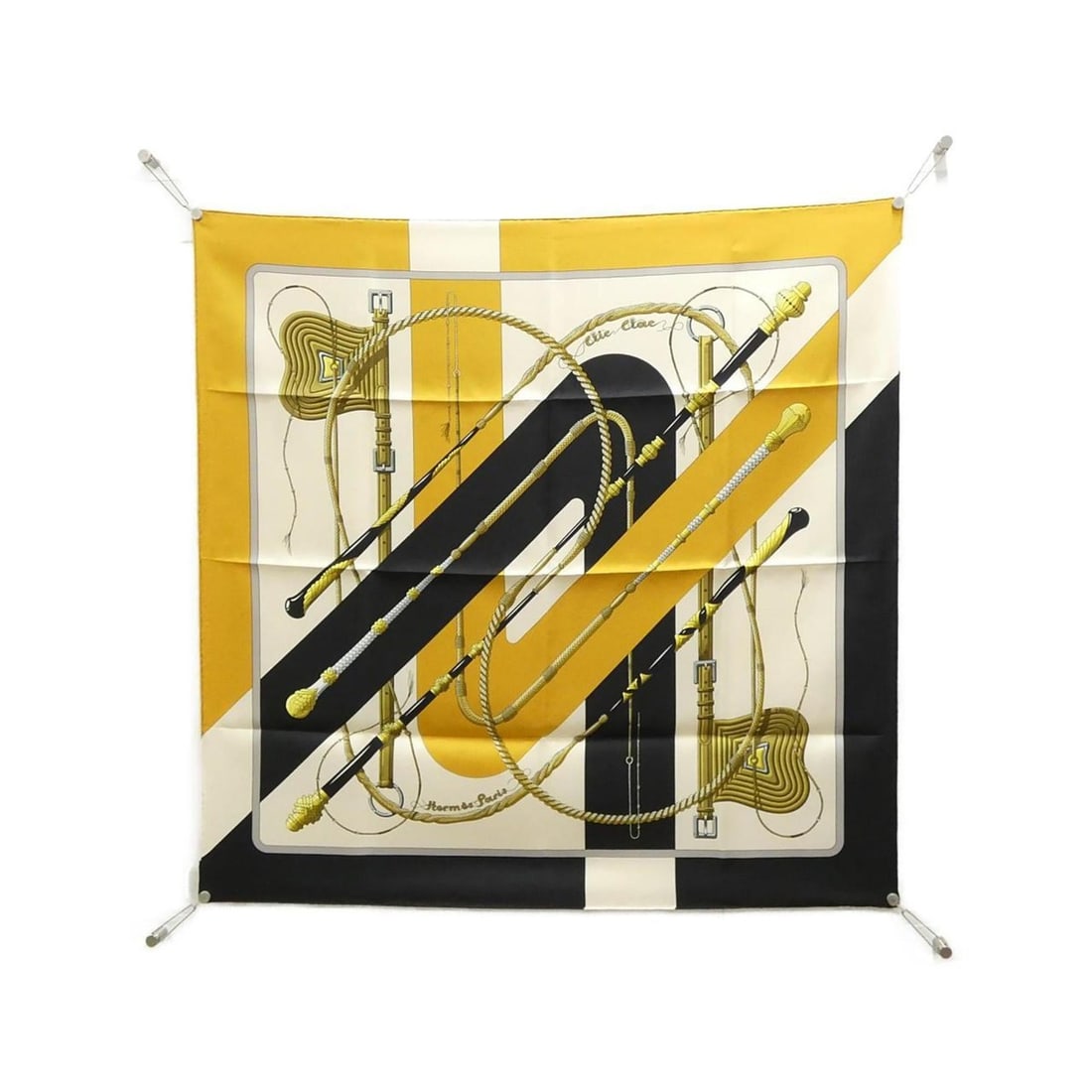 Hermes CLIC CLAC Carre Scarf Muffler: --- Catalog ---Category: SizeSize (LxW): 90cm x 90cm / 35.43'' x 35.43''Category: DesignType: ScarfColor: Black, White, YellowGender: Women,MenMaterial: Silk Category: GeneralBrand: Hermes--- Item Lis