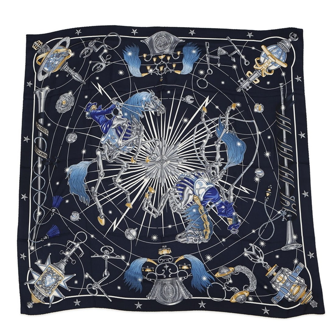 Hermes scarf muffler, Carre 140, Geant, Chorus Stellarum, cashmere and silk, HERMES 2025.: --- Catalog ---Category: SizeSize (LxW): 1.4m x 1.4m / 55.11'' x 55.11''Category: DesignType: ScarfColor: Dark blue, WhiteGender: WomenSeason: Spring/summerMaterial: Cashmere , Silk Category: GeneralB