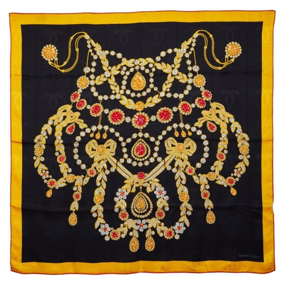 Cartier jewelry pattern scarf muffler, yellow multicolor silk, women's.: --- Catalog ---Category: SizeSize (LxW): 84cm x 86cm / 33.07'' x 33.85''Category: DesignType: ScarfColor: Multi-color, YellowGender: WomenMaterial: Silk Category: GeneralBrand: Cartier--- Item List