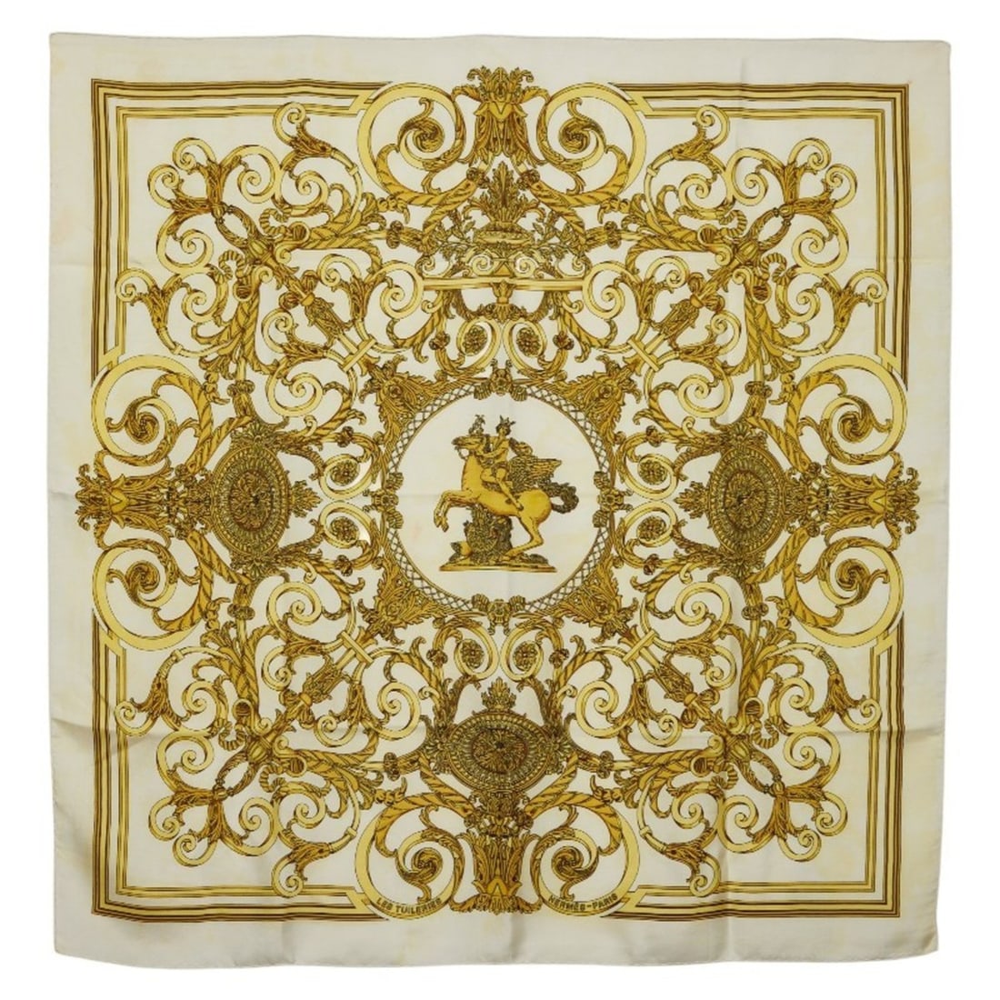 Hermes Carre 90 LES TUILERIES Tuileries Garden Scarf/Muffler, Yellow/Ivory Silk, Women's: --- Catalog ---Category: SizeSize (LxW): 88cm x 89cm / 34.64'' x 35.03''Category: DesignType: ScarfColor: Ivory, YellowGender: WomenMaterial: Silk Category: GeneralBrand: Hermes--- Item List