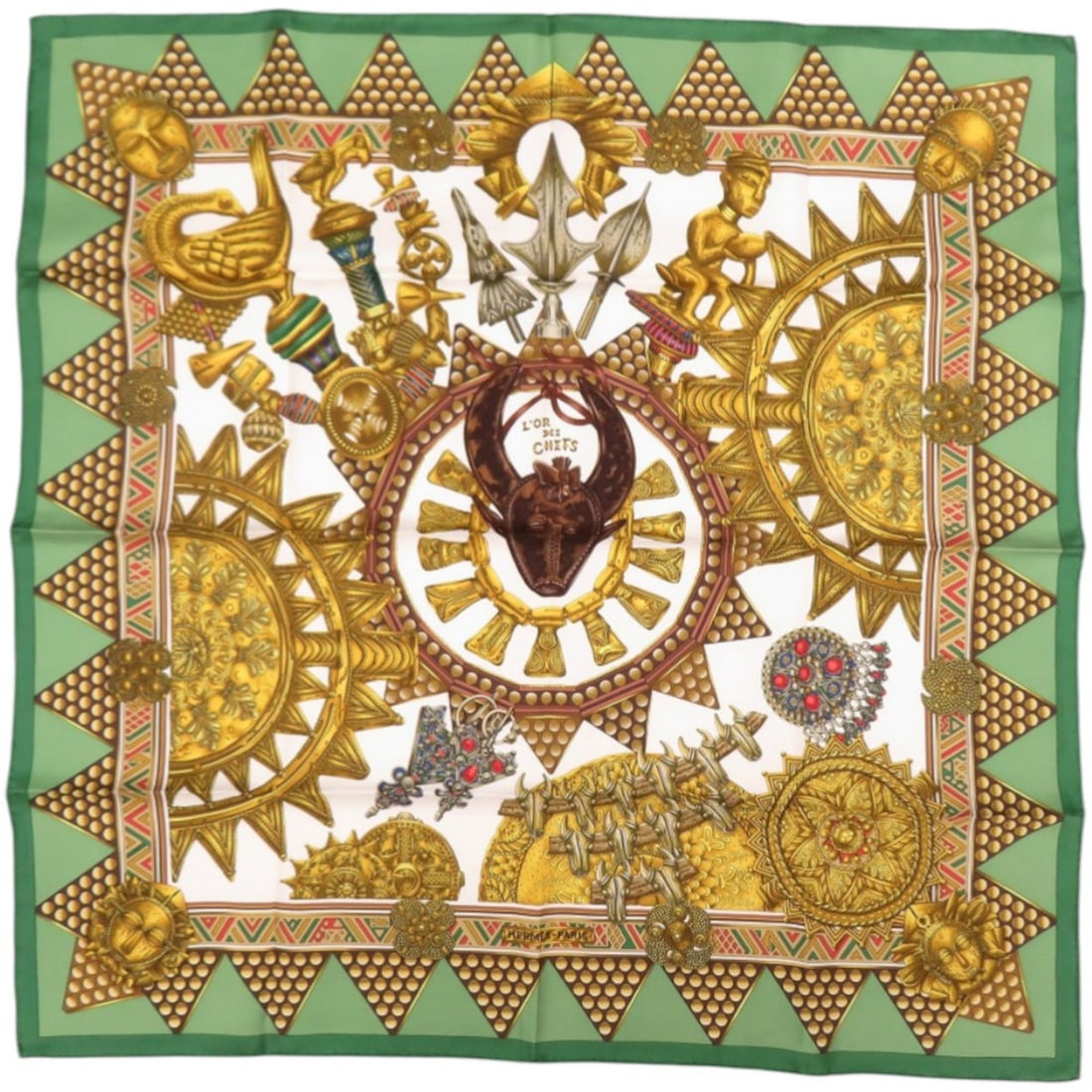 Like New Hermes Carre 90 L'OR DES CHEFS (The Gold of the Chiefs) Silk Green Scarf/Muffler 0168HERMES: --- Catalog ---Category: SizeSize (LxW): 89cm x 89cm / 35.03'' x 35.03''Category: DesignType: ScarfColor: Gold, GreenGender: WomenMaterial: Silk Category: GeneralBrand: HermesCountry of Origin: France