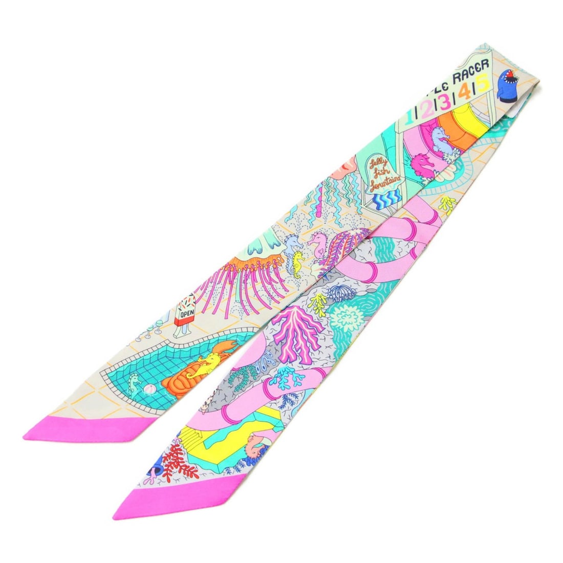 HERMES Twilly Silk Scarf/Muffler, Splash Park Design, Ribbon Print, Pink, Women's, K4754: --- Catalog ---Category: SizeSize (LxW): 84.5cm x 5cm / 33.26'' x 1.96''Category: DesignType: ScarfColor: PinkGender: WomenMaterial: Silk Category: GeneralBrand: HermesCountry of Origin: France--- Ite