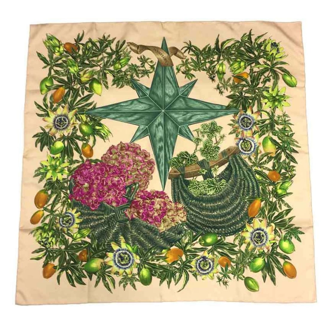 HERMES Carre 90 Scarf/Muffler, PASSIFLORES (Passion Flower) design, Pink Beige x Green,: --- Catalog ---Category: SizeSize (LxW): 90cm x 90cm / 35.43'' x 35.43''Category: DesignType: ScarfColor: Beige, Green, PinkGender: Men,WomenMaterial: Silk Category: GeneralBrand: Hermes--- Item List 