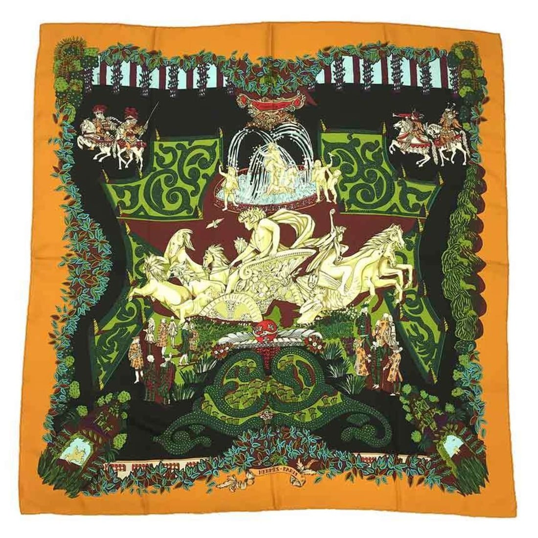 HERMES scarf/muffler, Carre 90, 100% silk, LE PARADIS DU ROY (The King's Paradise), black x: --- Catalog ---Category: SizeSize (LxW): 90cm / 35.43''Category: DesignType: ScarfColor: Black, Orange, YellowGender: WomenMaterial: Silk Category: GeneralBrand: Hermes--- Item List ---Section: Condit