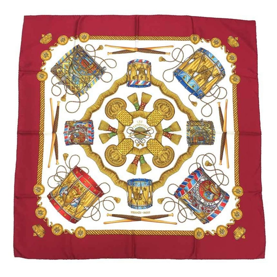 HERMES Carre 90 LES TAMBOURS (The Tambour Drum) White x Red 100% Silk Hermes Scarf Muffler: --- Catalog ---Category: SizeSize (LxW): 90cm / 35.43''Category: DesignType: ScarfColor: Red color, WhiteGender: WomenMaterial: Silk Category: GeneralBrand: HermesCountry of Origin: France--- Item Lis