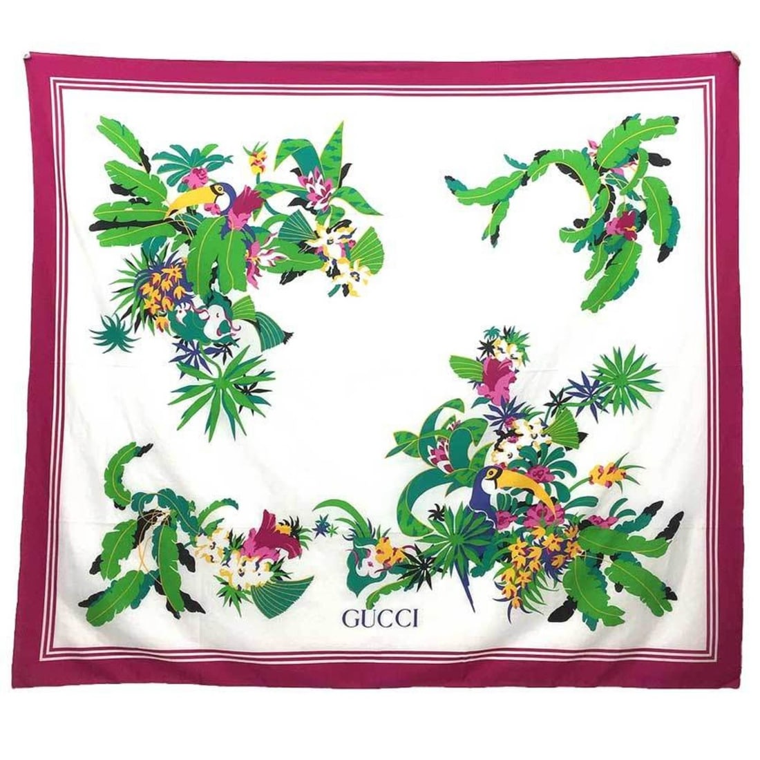 GUCCI large cotton stole/scarf/pareo with bird design.: --- Catalog ---Category: SizeSize (LxW): 1.5m x 1.35m / 59.05'' x 53.14''Category: DesignType: StoleColor: Green, Pink, WhiteGender: WomenMaterial: Cotton Category: GeneralBrand: Gucci--- Item List --