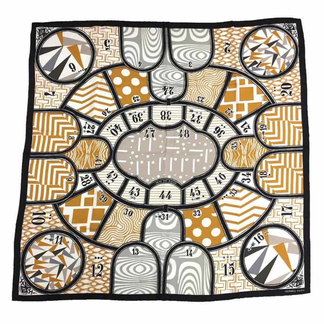 HERMES Carre 90 Scarf/Muffler, JEU DE SOIE (Silk Game), 2018 Collection, 100% Silk, Black x White: --- Catalog ---Category: SizeSize (LxW): 90cm / 35.43''Category: DesignType: ScarfColor: Black, Camel, WhiteGender: WomenMaterial: Silk Category: GeneralBrand: HermesCountry of Origin: France--- Item 