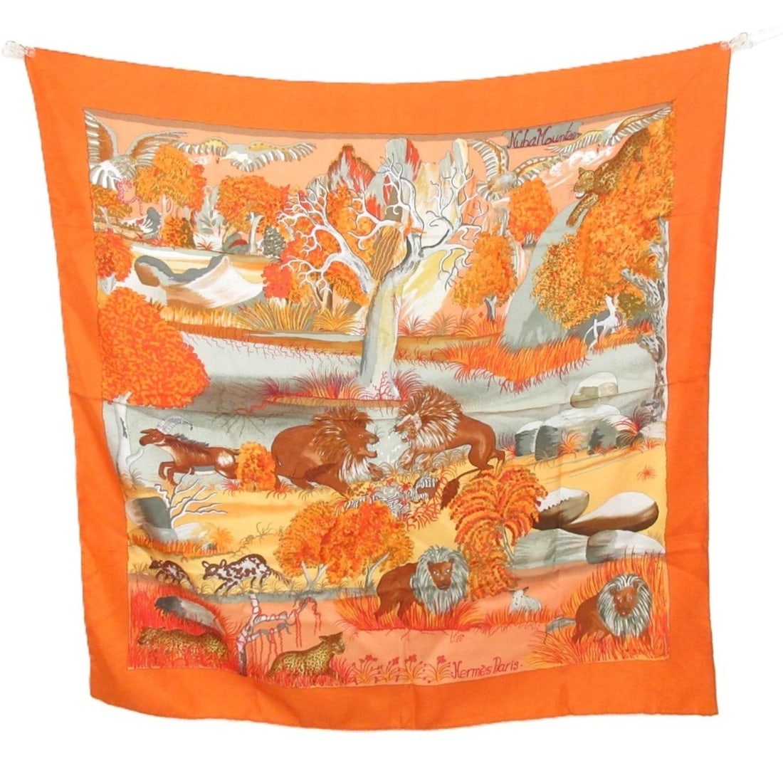 HERMES Carre 90 Nuba Mountain Scarf/Muffler, Orange, Women's: --- Catalog ---Category: SizeSize (LxW): 88cm x 88cm / 34.64'' x 34.64''Category: DesignType: ScarfColor: OrangeGender: WomenMaterial: Silk 100%Category: GeneralBrand: Hermes--- Item List ---Section: 