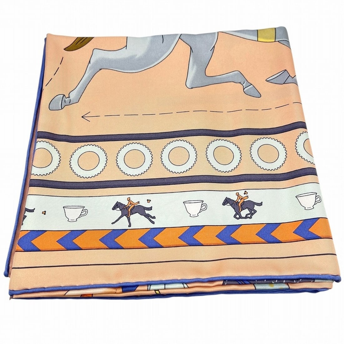 HERMES Carre 90 TEA FOR (Tea for Two) Horse design, salmon pink and light green, silk scarf/muffler: --- Catalog ---Category: SizeSize (LxW): 90cm x 90cm / 35.43'' x 35.43''Category: DesignType: StoleColor: Light green, PinkGender: WomenMaterial: Silk Category: GeneralBrand: Hermes--- Item List