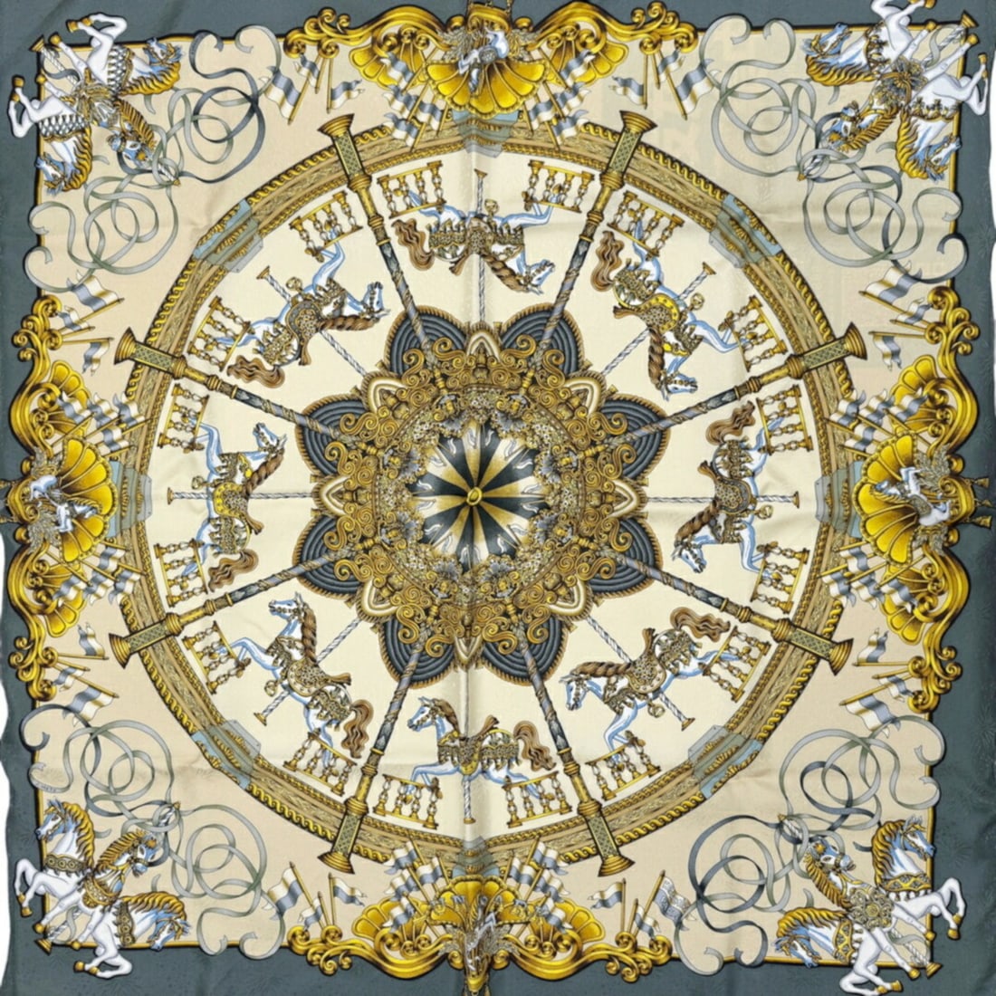 HERMES Carre 90 Luna Park (Amusement Park) Silk Scarf/Muffler for Women: --- Catalog ---Category: SizeSize (LxW): 90cm x 90cm / 35.43'' x 35.43''Category: DesignType: ScarfColor: Khaki, YellowGender: WomenMaterial: Silk Category: GeneralBrand: Hermes--- Item List