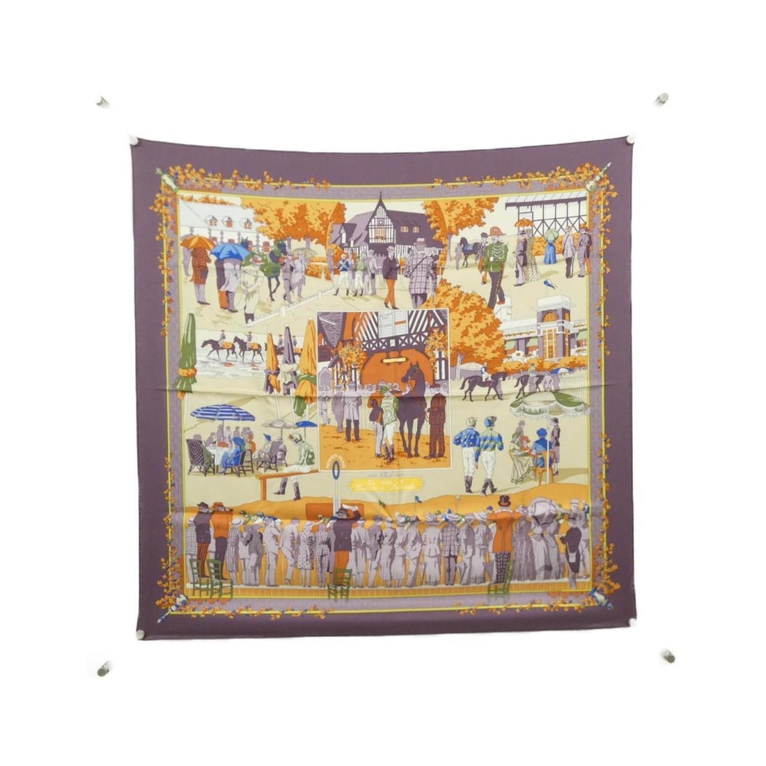 Hermes UN SIECLE DE COURSES A DEAUVILLE Carre Scarf Muffler: --- Catalog ---Category: SizeSize (LxW): 90cm x 90cm / 35.43'' x 35.43''Category: DesignType: ScarfColor: Beige, Orange, VioletGender: Women,MenCategory: GeneralBrand: Hermes--- Item List ---Section: 