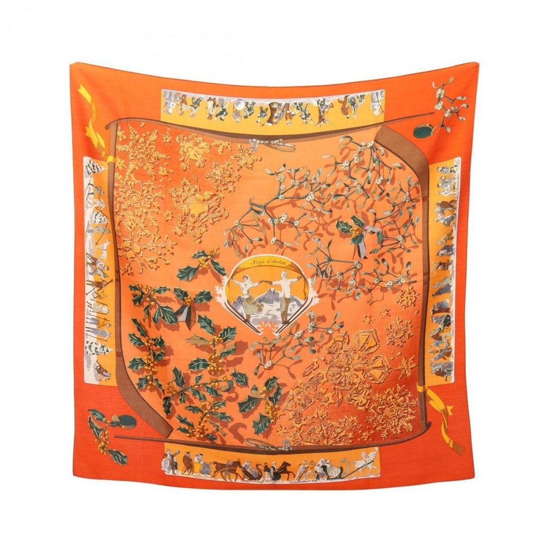 Hermes Carre 90 Neige d'Antan Scarf/Muffler, Silk, Women's, Orange/Multicolor: --- Catalog ---Category: SizeSize (LxW): 89cm x 89cm / 35.03'' x 35.03''Category: DesignType: ScarfColor: Multi-color, OrangeGender: WomenMaterial: Silk Category: GeneralBrand: Hermes--- Item List ---