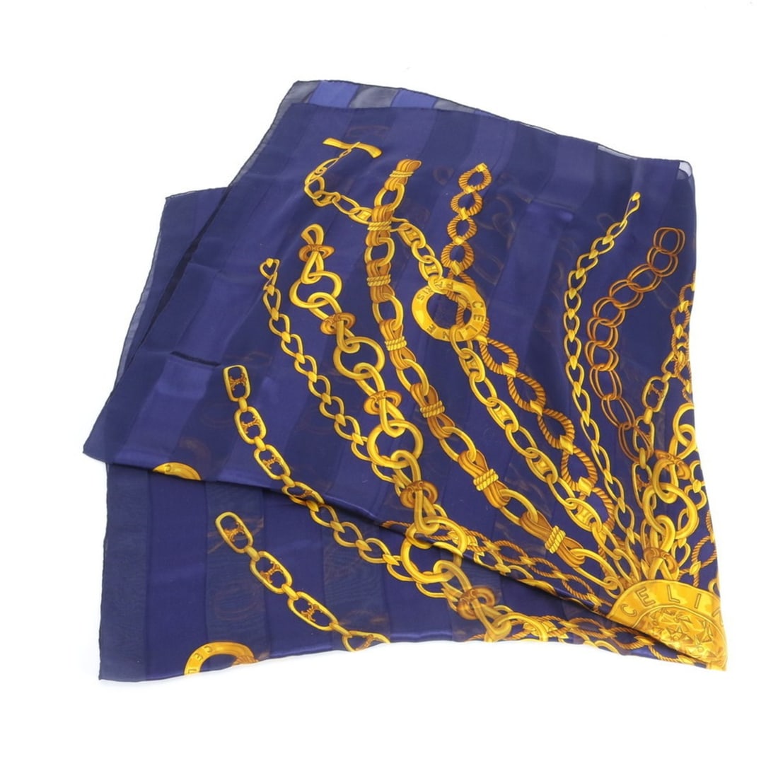 Celine large openwork chain jewelry pattern scarf/muffler in navy for women.: --- Catalog ---Category: SizeSize (LxW): 1.34m x 1.32m / 52.75'' x 51.96''Category: DesignType: ScarfColor: NavyGender: WomenCategory: GeneralBrand: Celine--- Item List ---Section: ConditionRanking: R