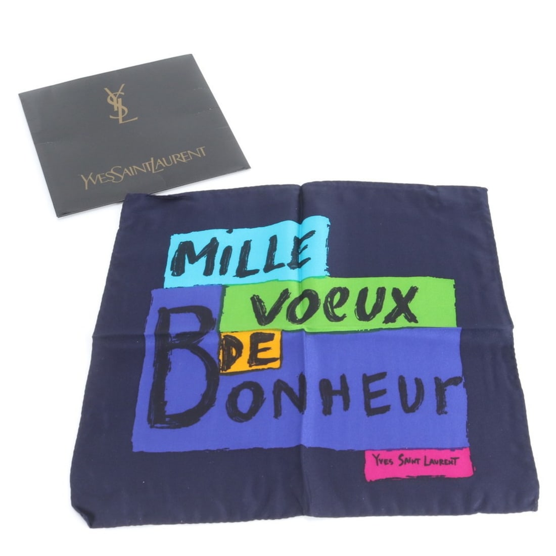 Yves Saint Laurent (YSL) Silk Scarf/Muffler, MILLE VOEUX DE BONHEUR, Navy, Women's: --- Catalog ---Category: SizeSize (LxW): 33cm x 33cm / 12.99'' x 12.99''Category: DesignType: ScarfColor: NavyGender: WomenMaterial: Silk Category: GeneralBrand: Yves Saint LaurentCountry of Origin: I