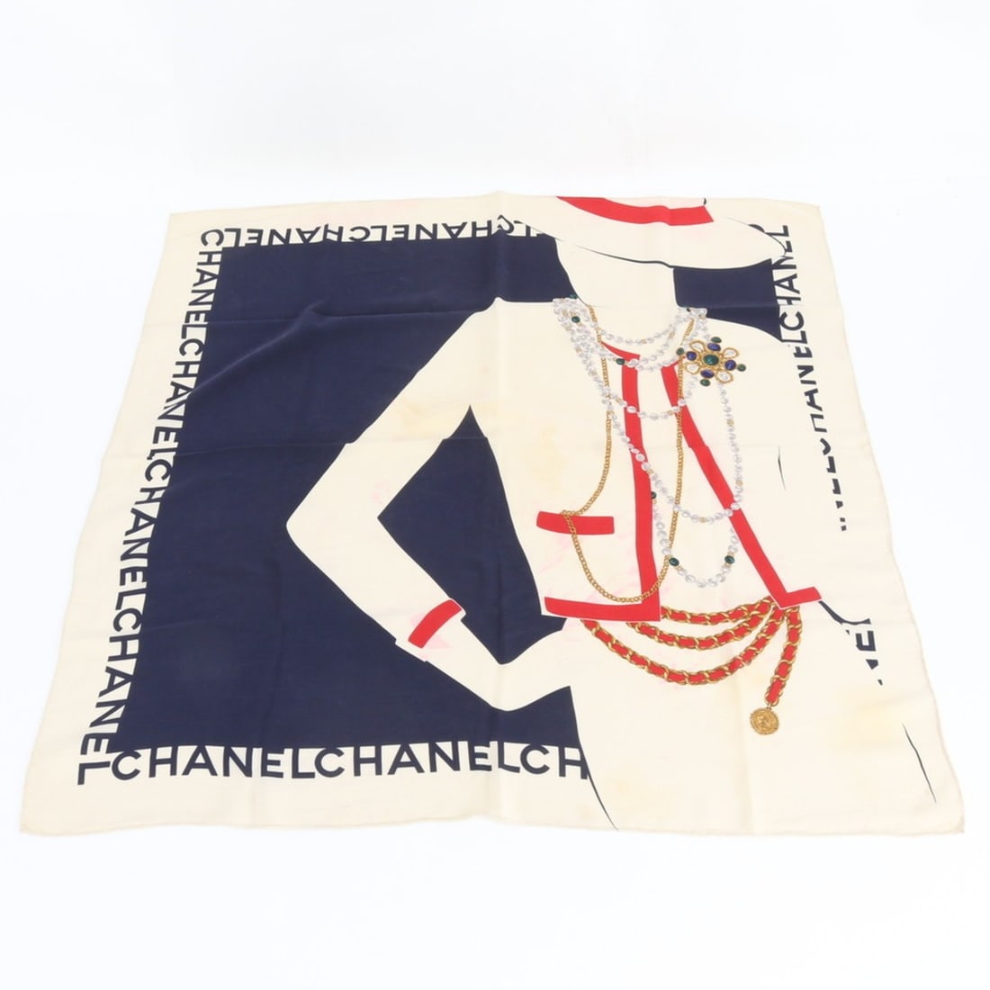 Chanel Mademoiselle Gripoix Colored Stone Scarf/Muffler/Stole, Large Size, Women's: --- Catalog ---Category: SizeSize (LxW): 85cm x 85cm / 33.46'' x 33.46''Category: DesignType: ScarfColor: Beige, NavyGender: WomenCategory: GeneralBrand: Chanel--- Item List ---Section: ConditionRanki