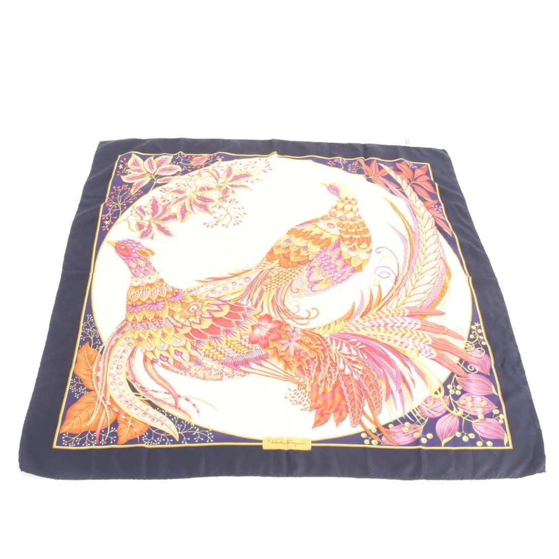 Salvatore Ferragamo Silk Scarf/Muffler with Phoenix and Bird Pattern - Women's: --- Catalog ---Category: SizeSize (LxW): 84cm x 84cm / 33.07'' x 33.07''Category: DesignType: ScarfColor: Multi-color, NavyGender: WomenMaterial: Silk Category: GeneralBrand: Salvatore FerragamoCountr