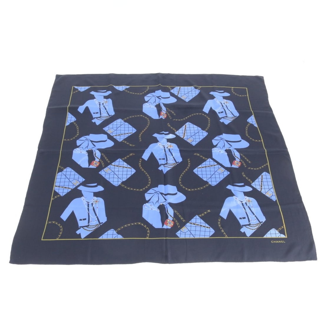 Chanel Mademoiselle pattern scarf/muffler, Coco Matelassé stole for women: --- Catalog ---Category: SizeSize (LxW): 85cm x 85cm / 33.46'' x 33.46''Category: DesignType: ScarfColor: Black, BlueGender: WomenCategory: GeneralBrand: Chanel--- Item List ---Section: ConditionRanki
