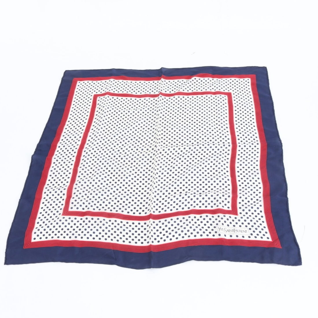 Yves Saint Laurent (YSL) Polka Dot Scarf/Muffler, Large Size, Navy, Women's: --- Catalog ---Category: SizeSize (LxW): 58cm x 58cm / 22.83'' x 22.83''Category: DesignType: ScarfColor: Navy, Red color, WhiteGender: WomenCategory: GeneralBrand: Yves Saint Laurent--- Item List ---