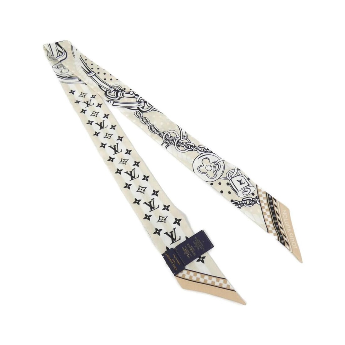 Louis Vuitton Bandeau BB Ocean Bandana M96508 Scarf Muffler: --- Catalog ---Category: SizeSize (LxW): 1.2m x 5cm / 47.24'' x 1.96''Category: DesignType: BandanaColor: BeigeGender: Women,MenMaterial: Silk Category: GeneralBrand: Louis Vuitton--- Item List ---Sec