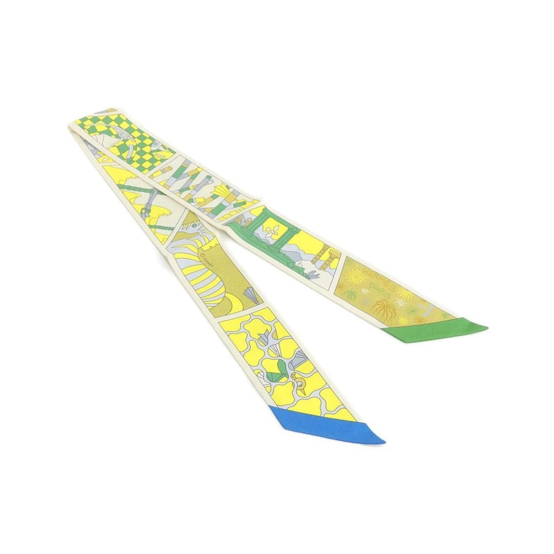 Hermes Factory Suite Twilly 063975S Scarf Muffler: --- Catalog ---Category: SizeSize (LxW): 5cm x 86cm / 1.96'' x 33.85''Category: DesignType: ScarfColor: Cream, YellowGender: Men,WomenMaterial: Silk Category: GeneralMPN: 063975SBrand: Hermes--- Item 