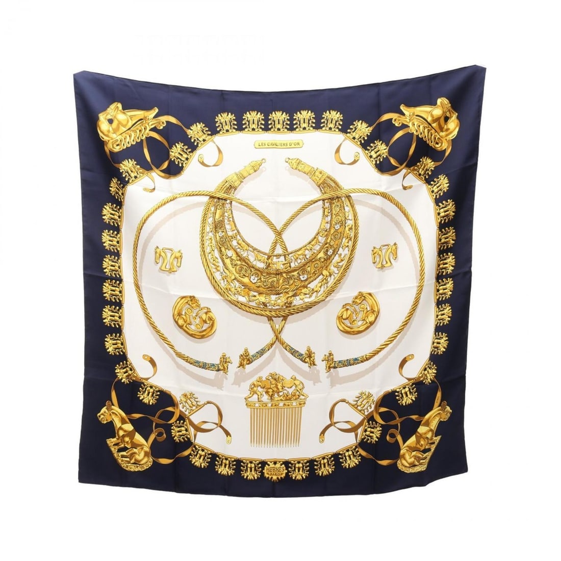 Hermes Carre 90 Les Cavaliers D'Or Scarf/Muffler, Silk, Women's, Navy, White, Yellow: --- Catalog ---Category: SizeSize (LxW): 89cm x 89cm / 35.03'' x 35.03''Category: DesignType: ScarfColor: Navy, White, YellowGender: WomenMaterial: Silk Category: GeneralBrand: Hermes--- Item List
