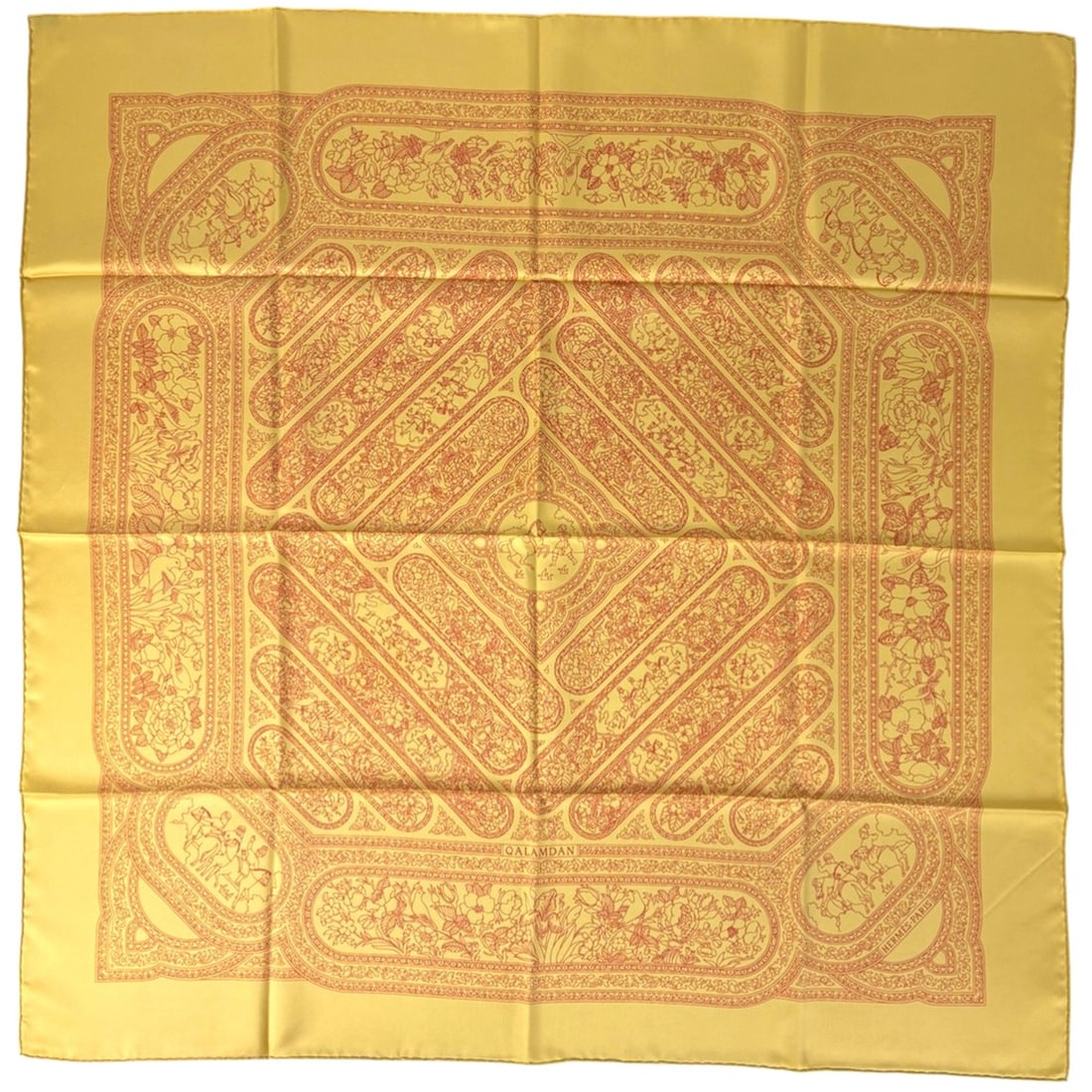 Hermes Hermès Carré 90 QALAMDAN Calamdan Silk Scarf, Yellow, Women's: --- Catalog ---Category: SizeSize (LxW): 89cm x 89cm / 35.03'' x 35.03''Category: DesignType: ScarfColor: YellowGender: WomenMaterial: Silk 100%Category: GeneralBrand: Hermes--- Item List ---Section: