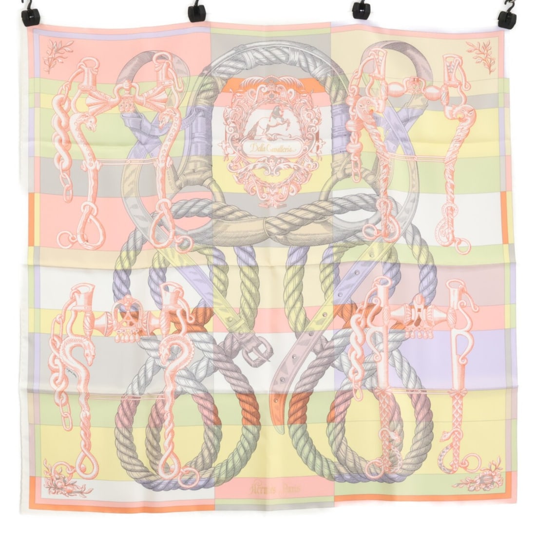 HERMES DELLA CAVALLERIA Silk Scarf BLANC ROSE PALE JAUNE for Women: --- Catalog ---Category: DesignType: ScarfGender: WomenMaterial: Silk Category: GeneralBrand: Hermes--- Item List ---Section: ConditionRanking: Rank S Used - Mint condition, like new itemCondition: Us