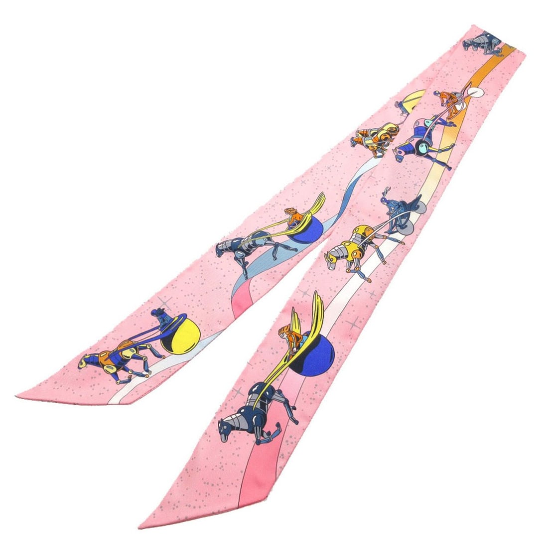 Like new Hermès Twilly Space Derby Scarf/Muffler in Silk Rose Jaune Blue 0324HERMES: --- Catalog ---Category: SizeSize (LxW): 86cm x 5cm / 33.85'' x 1.96''Category: DesignType: ScarfGender: WomenMaterial: Silk Category: GeneralBrand: HermesCountry of Origin: France--- Item List ---Sec