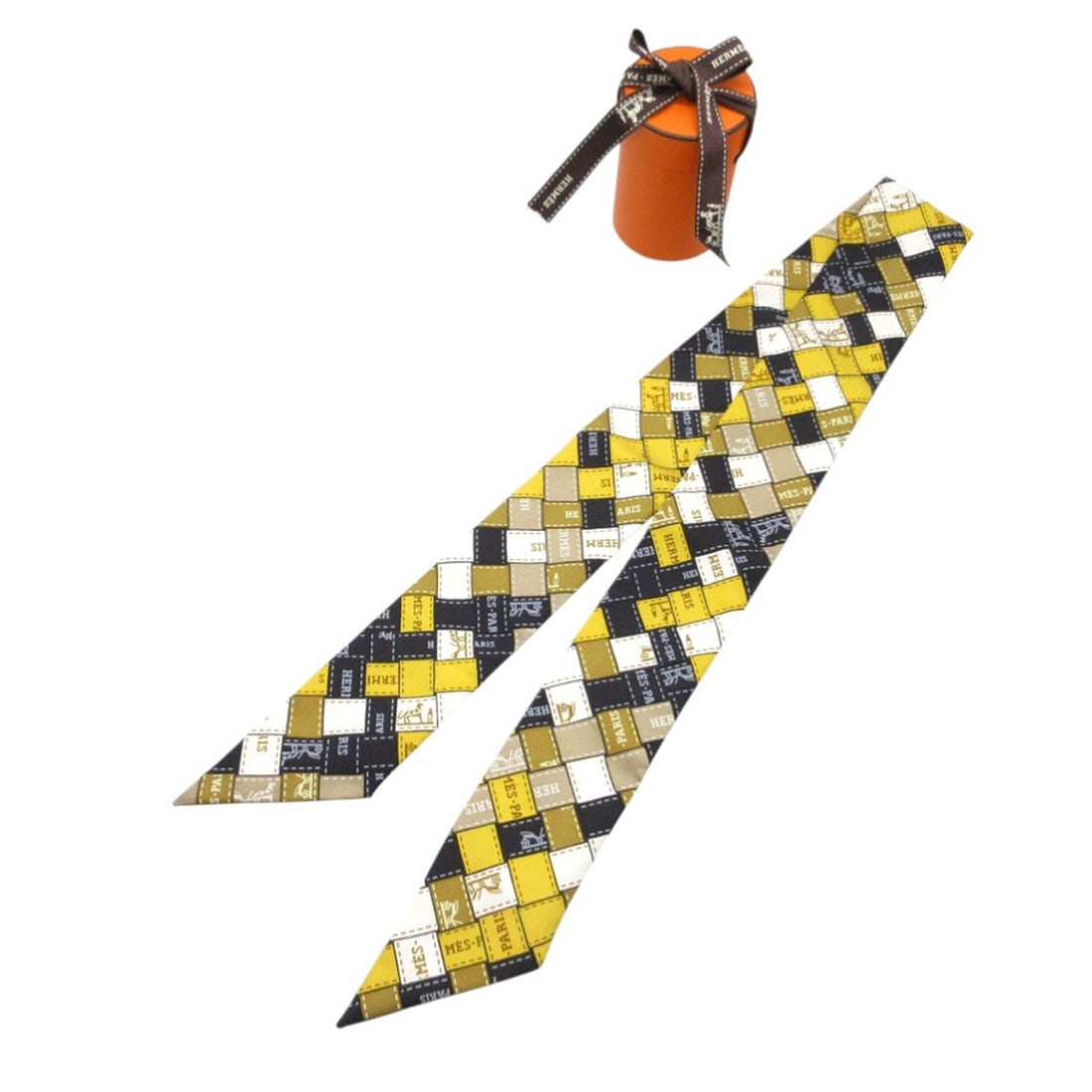 Excellent condition Hermès Twilly Bordeaux check scarf/muffler in silk, yellow, black, and white.: --- Catalog ---Category: SizeSize (LxW): 86cm x 5cm / 33.85'' x 1.96''Category: DesignType: ScarfColor: Black, White, YellowGender: WomenMaterial: Silk Category: GeneralBrand: HermesCountry of Origin: