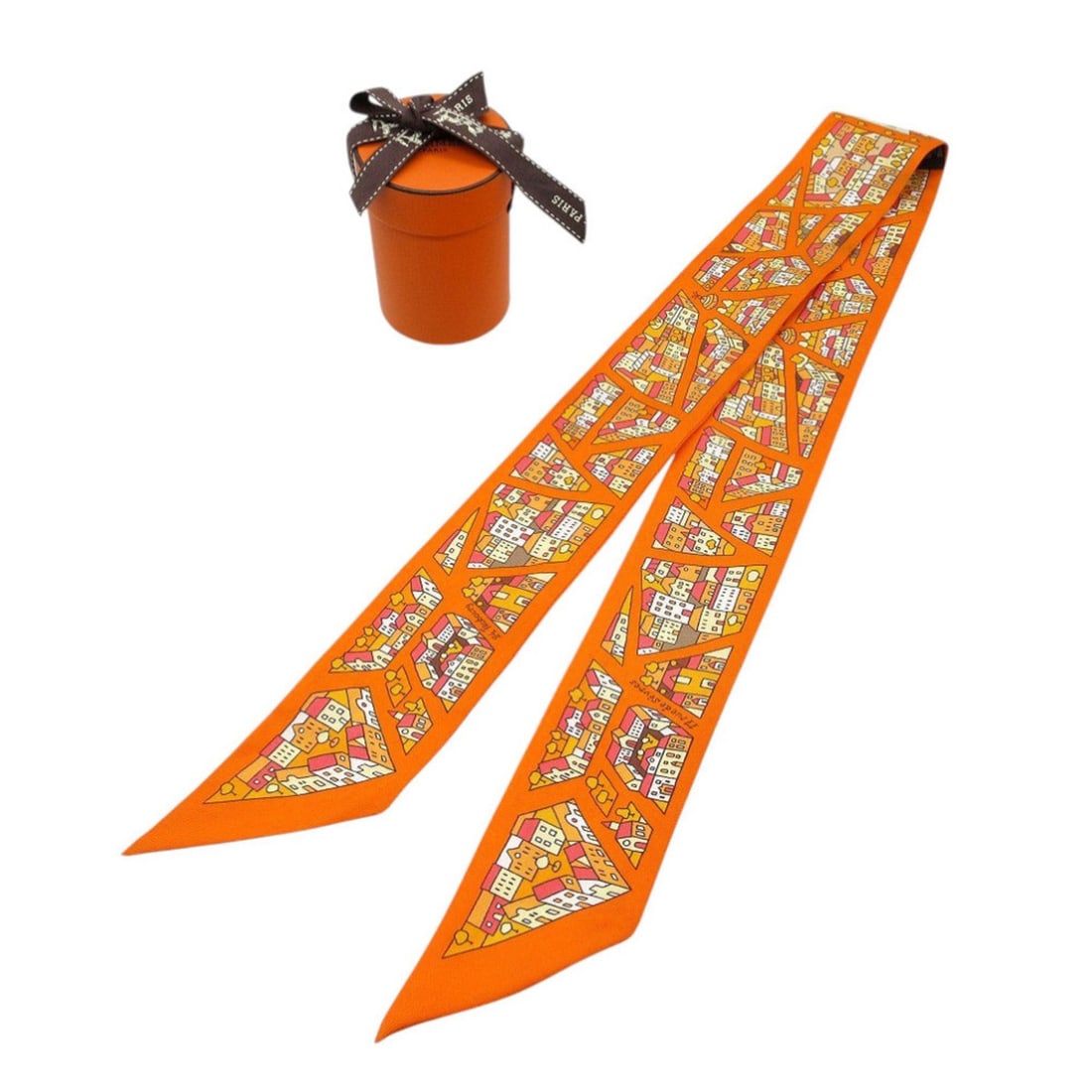 Excellent condition Hermès Twilly Right Bank and Left silk scarf/muffler in orange multicolor: --- Catalog ---Category: SizeSize (LxW): 86cm x 5cm / 33.85'' x 1.96''Category: DesignType: ScarfColor: Multi-color, OrangeGender: WomenMaterial: Silk Category: GeneralLine: TwillyBrand: HermesCountry