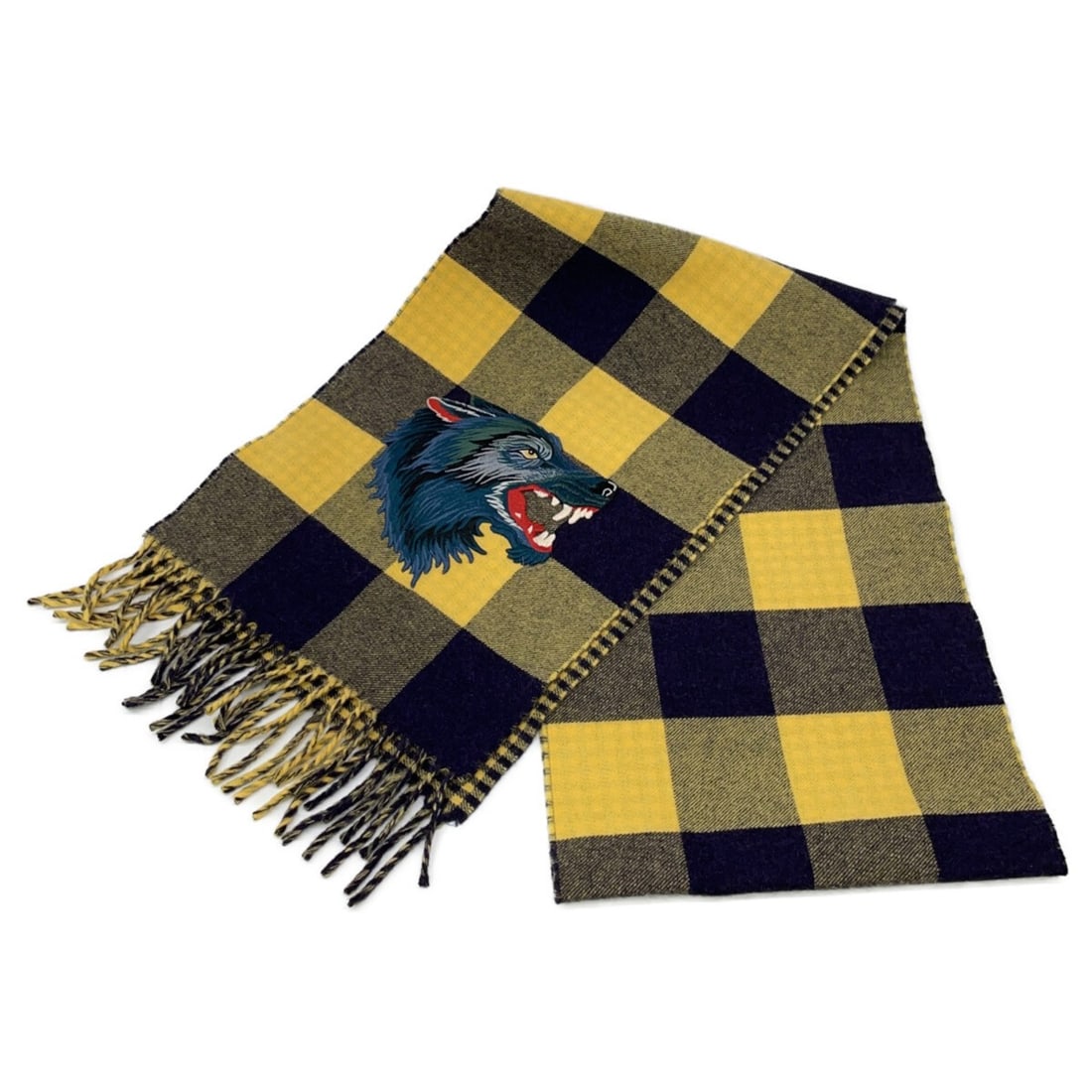 GUCCI 494045 Check Wolf Embroidered Fringe Scarf Yellow Women's: --- Catalog ---Category: SizeSize (LxW): 1.95m x 26cm / 76.77'' x 10.23''Category: DesignType: StoleColor: YellowGender: WomenMaterial: Wool Category: GeneralBrand: Gucci--- Item List ---Section: Cond