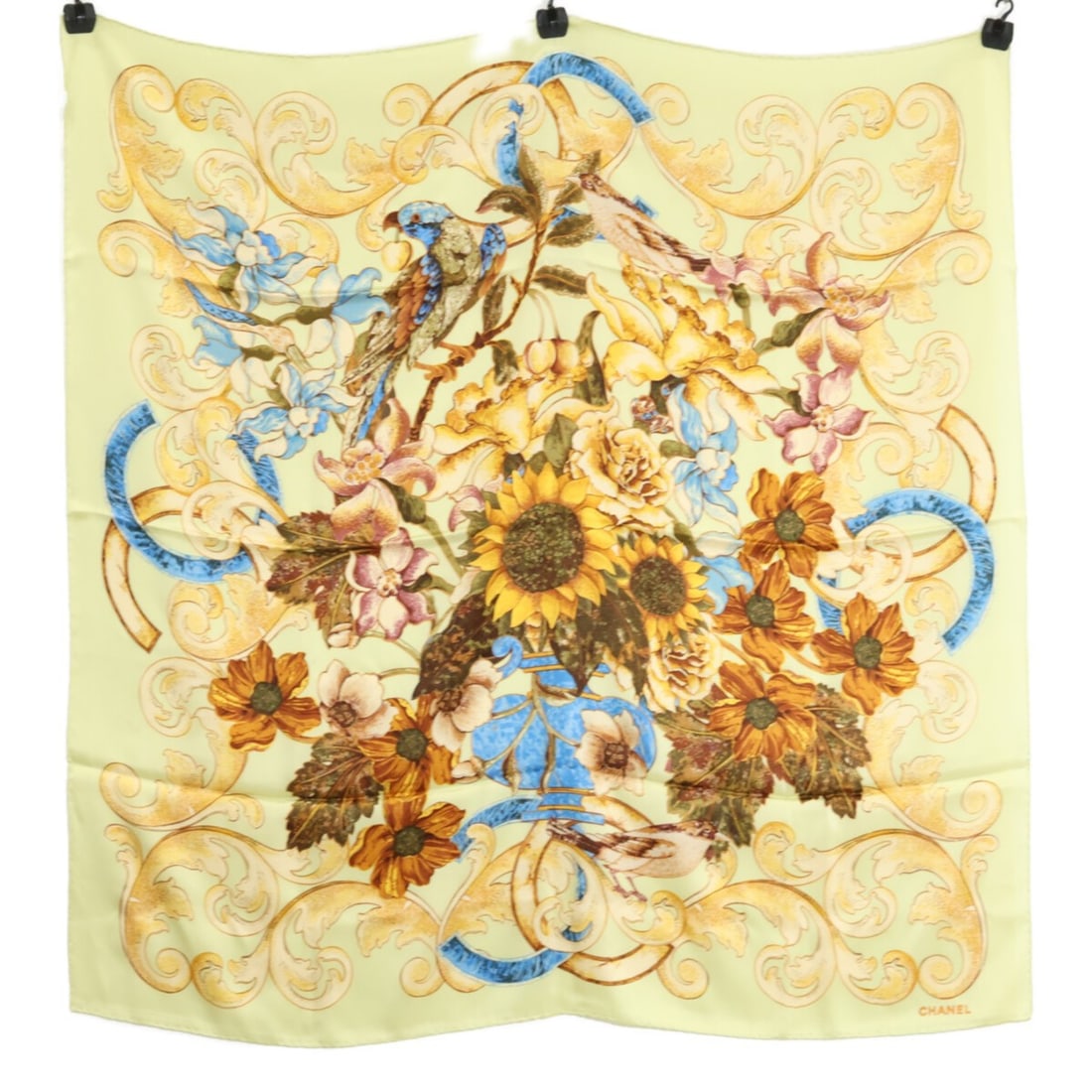 CHANEL Sunflower Silk Scarf, Light Green and Yellow, Women's: --- Catalog ---Category: SizeSize (LxW): 98cm x 96cm / 38.58'' x 37.79''Category: DesignType: ScarfColor: Light green, YellowGender: WomenMaterial: Silk Category: GeneralBrand: Chanel--- Item List ---