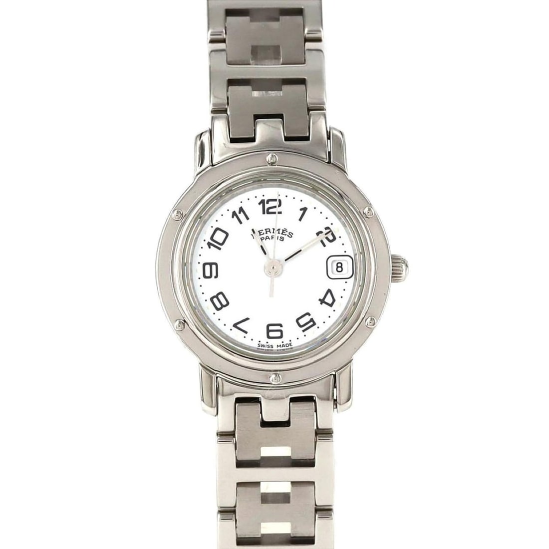 Hermes Clipper CL4.210 SS Quartz Watch: --- Catalog ---Category: SizeWrist Size: 14.5cm / 5.7''Case Diameter: 24mm / 0.94''Category: DesignType: WristwatchGender: WomenColor (Dial): WhiteMaterial (Band): Stainless steelMaterial (Case): Stai