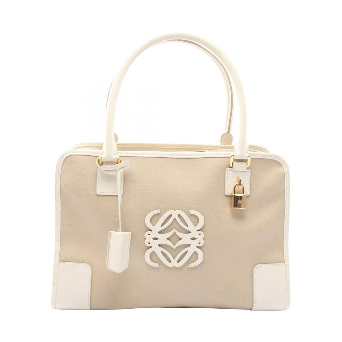 Loewe Amazona 36 Handbag, Canvas and Leather, Women's, Beige/White: --- Catalog ---Category: SizeSize (HxWxD): 23cm x 35cm x 14cm / 9.05'' x 13.77'' x 5.51''Category: DesignType: HandbagColor: Beige, WhiteGender: WomenMaterial: Canvas , Leather Category: GeneralBrand: