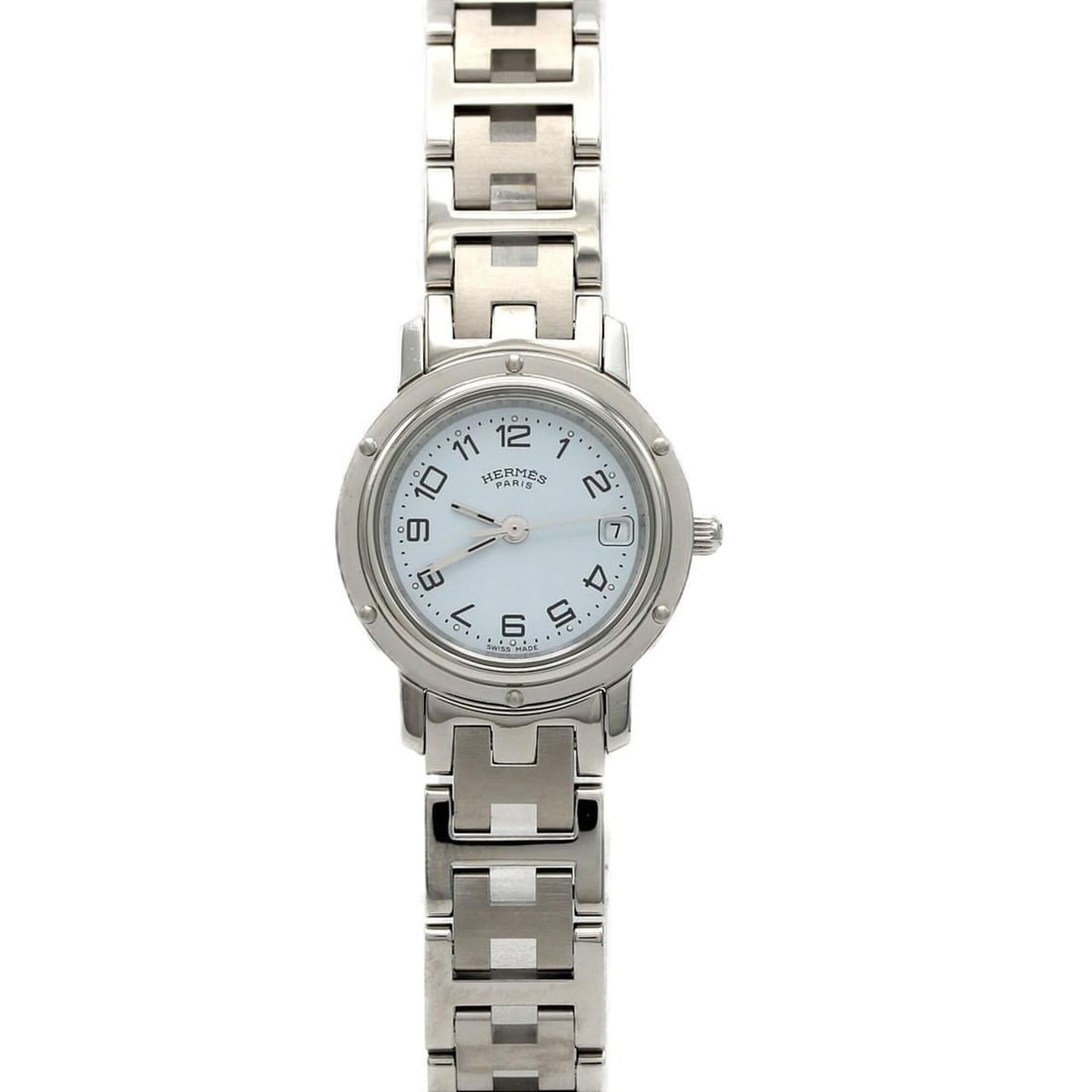 Hermes Clipper CL4.210 SS Quartz Watch: --- Catalog ---Category: SizeWrist Size: 14cm / 5.51''Case Diameter: 24mm / 0.94''Category: DesignType: WristwatchGender: WomenColor (Dial): WhiteMaterial (Band): Stainless steelMaterial (Case): Stain