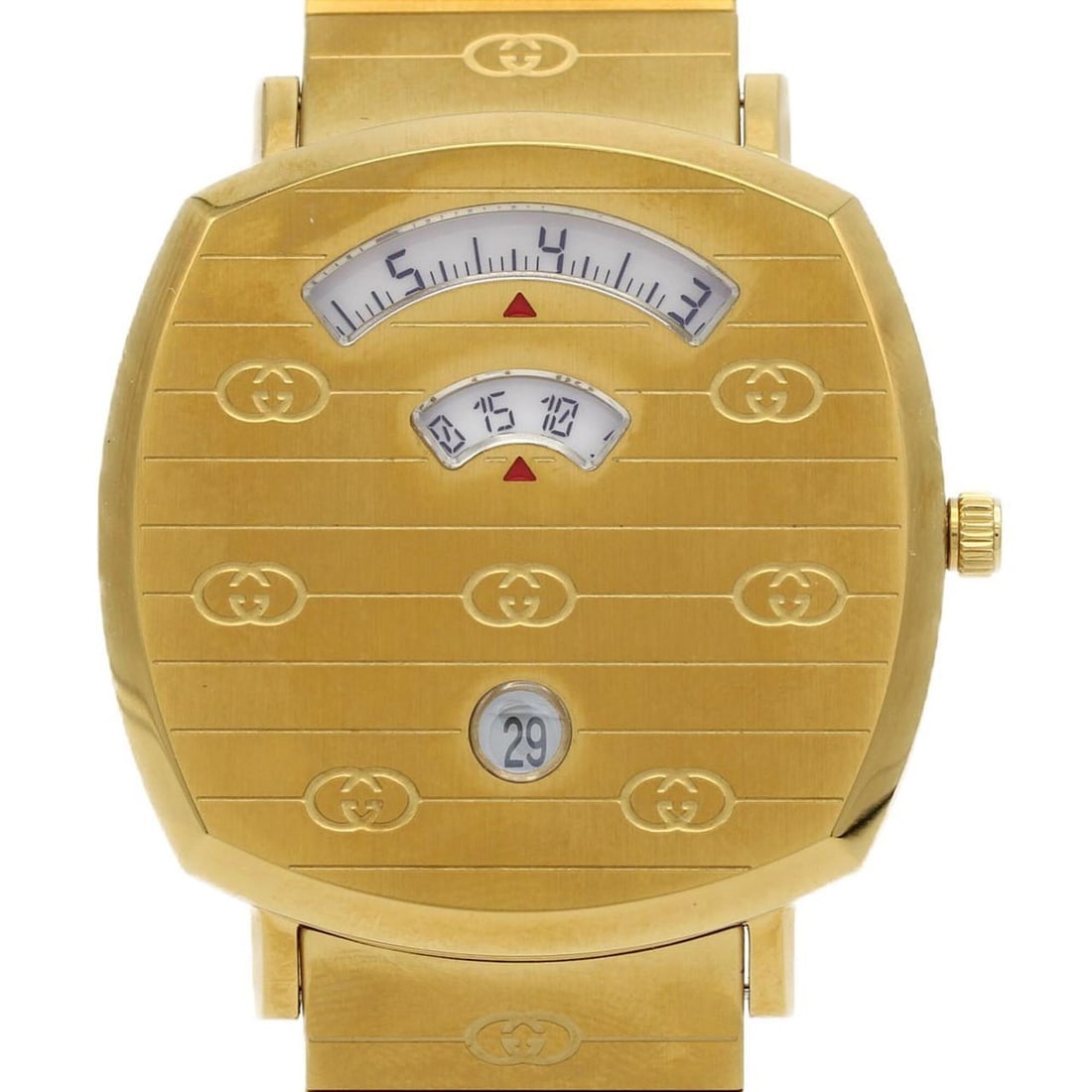 Gucci Grip GP 157.3 YA157409 Quartz Watch: --- Catalog ---Category: SizeWrist Size: 18cm / 7.08''Case Diameter: 38mm / 1.5''Category: DesignType: WristwatchGender: MenColor (Dial): WhiteMaterial (Band): Gold platedMaterial (Case): Gold platedC