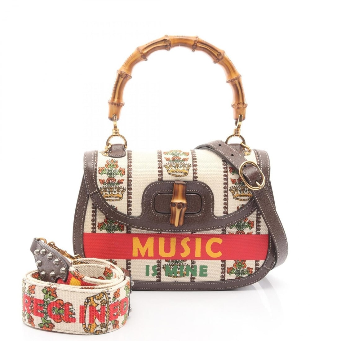 Gucci MUSIC IS MINE Bamboo 2-Way 100th Anniversary Handbag - Canvas and Leather Women's Ivory,: --- Catalog ---Category: SizeSize (HxWxD): 18cm x 24.5cm x 6cm / 7.08'' x 9.64'' x 2.36''Category: DesignType: HandbagColor: Brown, Ivory, Multi-colorGender: WomenMaterial: Canvas , Leather Category: 