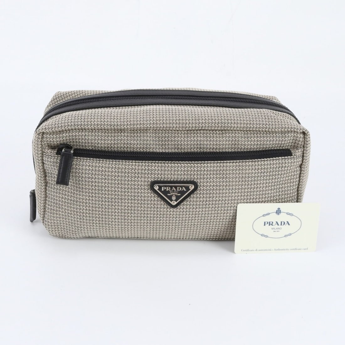 Prada Leather Canvas Clutch Handbag (2N0029) with Guarantee Card - Women's Handbag, Second Pouch: --- Catalog ---Category: SizeSize (HxWxD): 15cm x 25cm x 13cm / 5.9'' x 9.84'' x 5.11''Category: DesignType: Clutch bag, Handbag, PouchColor: Beige, BlackGender: WomenMaterial: Leather , Canvas Catego