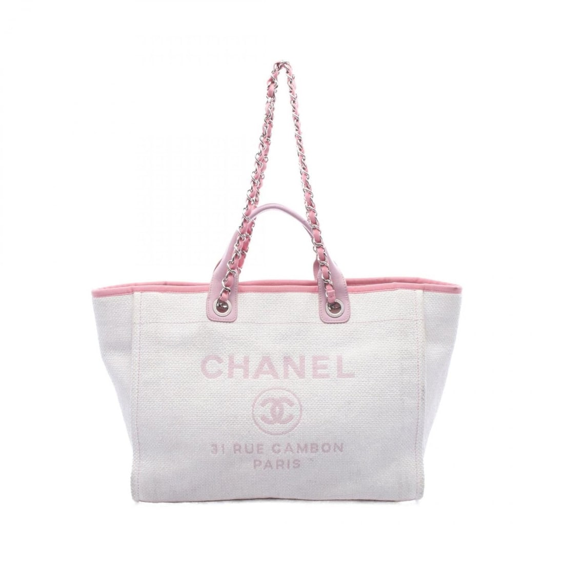 Chanel Deauville GM Tote Bag Handbag Canvas Leather Women's White Pink: --- Catalog ---Category: SizeSize (HxWxD): 29cm x 38cm x 19cm / 11.41'' x 14.96'' x 7.48''Category: DesignType: Handbag, Tote bagColor: Pink, WhiteGender: WomenMaterial: Canvas , Leather Hardware Colo