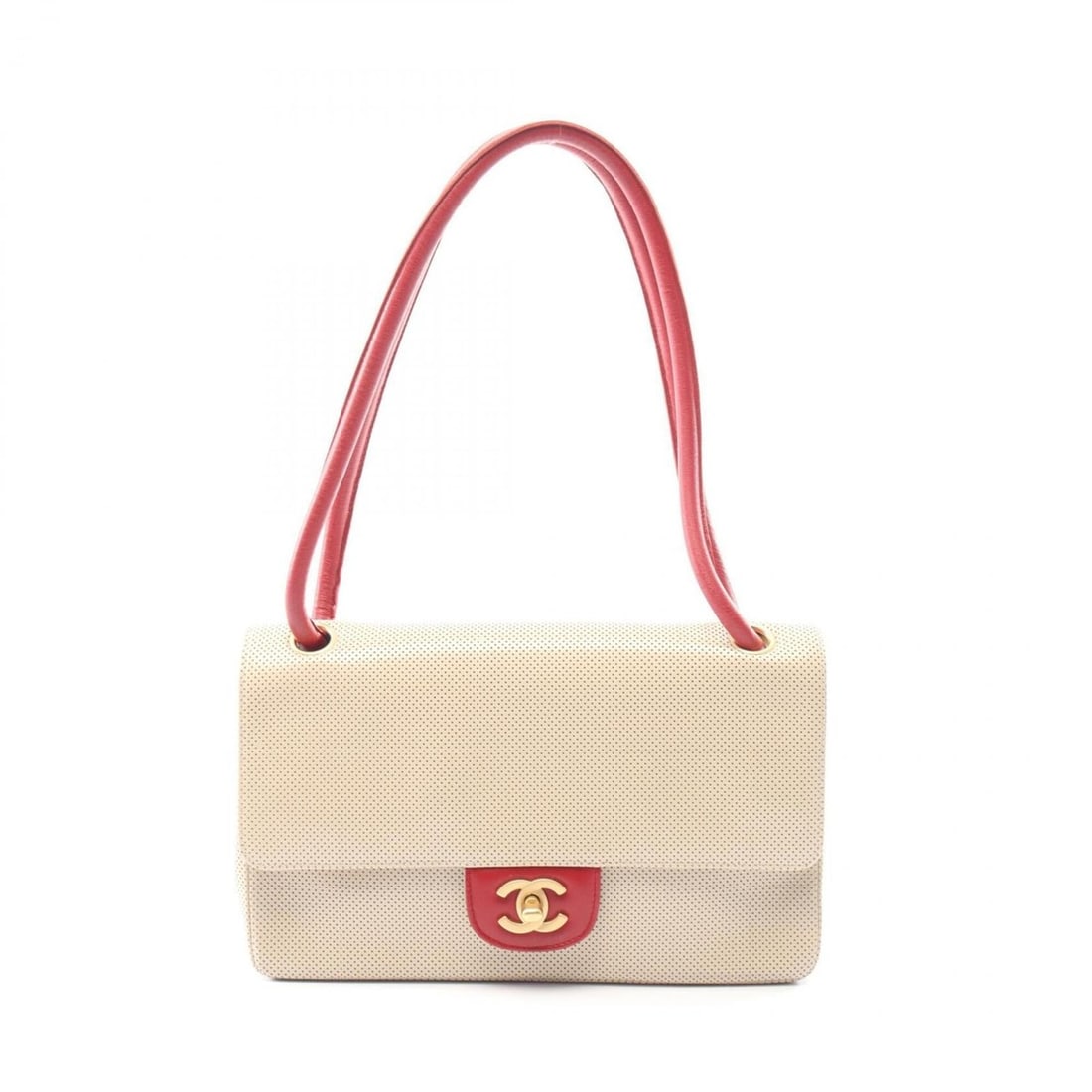 Chanel Coco Mark Perforated Shoulder Bag/Handbag, Leather, Women's, Beige/Red: --- Catalog ---Category: SizeSize (HxWxD): 15cm x 25cm x 6cm / 5.9'' x 9.84'' x 2.36''Category: DesignType: Handbag, Shoulder bagColor: Beige, Red colorGender: WomenMaterial: Leather Hardware Color: G
