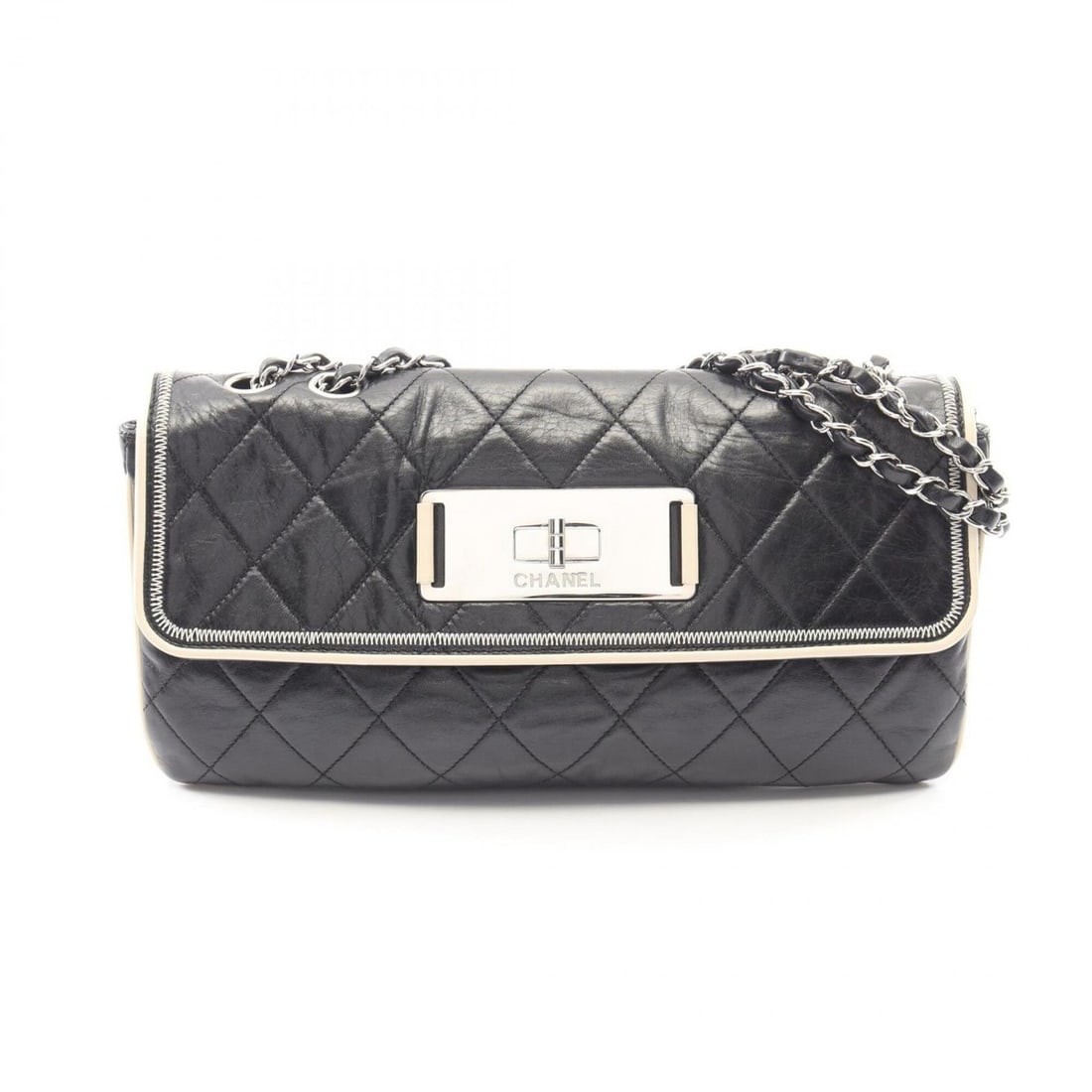 Chanel 2.55 Matelassé Shoulder Bag/Handbag, Lambskin Leather, Women's, Black/Ivory: --- Catalog ---Category: SizeSize (HxWxD): 16cm x 31cm / 6.29'' x 12.2''Category: DesignType: Handbag, Shoulder bagColor: Black, IvoryGender: WomenMaterial: Leather Hardware Color: SilverLeather/Fur T