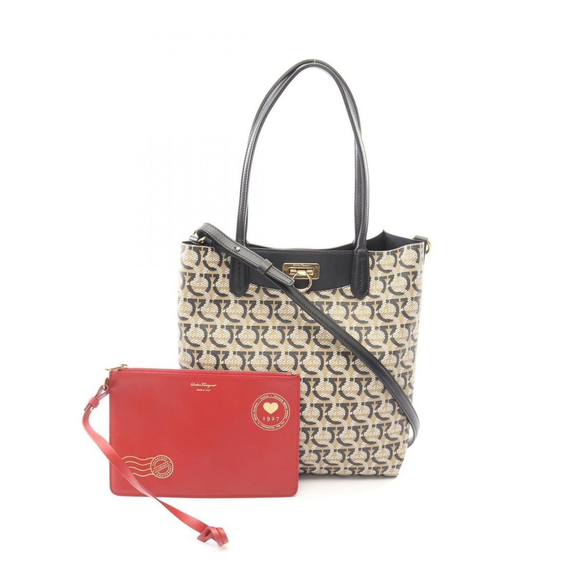 Salvatore Ferragamo Gancini 2-Way Tote Bag/Handbag, Coated Canvas and Leather, Women's, Beige/Black (1 of 9)