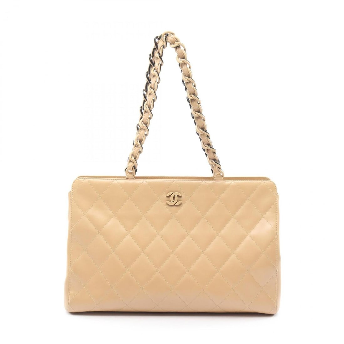 Chanel Matelassé Chain Tote Bag/Handbag, Lambskin Leather, Women's, Beige/Black: --- Catalog ---Category: SizeSize (HxWxD): 23cm x 37cm x 11cm / 9.05'' x 14.56'' x 4.33''Category: DesignType: Handbag, Tote bagColor: Beige, BlackGender: WomenMaterial: Leather Leather/Fur Type: Lamb