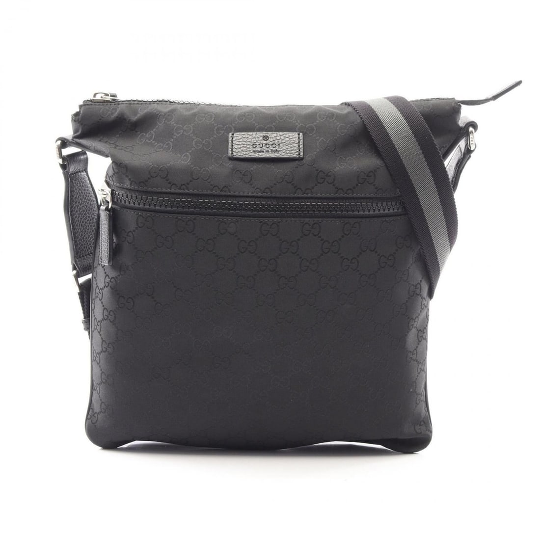 Gucci GG pattern shoulder bag/handbag, leather and nylon canvas, men's women's, black, 449185: --- Catalog ---Category: SizeSize (HxWxD): 32cm x 30cm x 1cm / 12.59'' x 11.81'' x 0.39''Strap Length: 85cm - 143cm / 33.46'' - 56.29''Category: DesignType: Handbag, Shoulder bagColor: BlackGender: Me