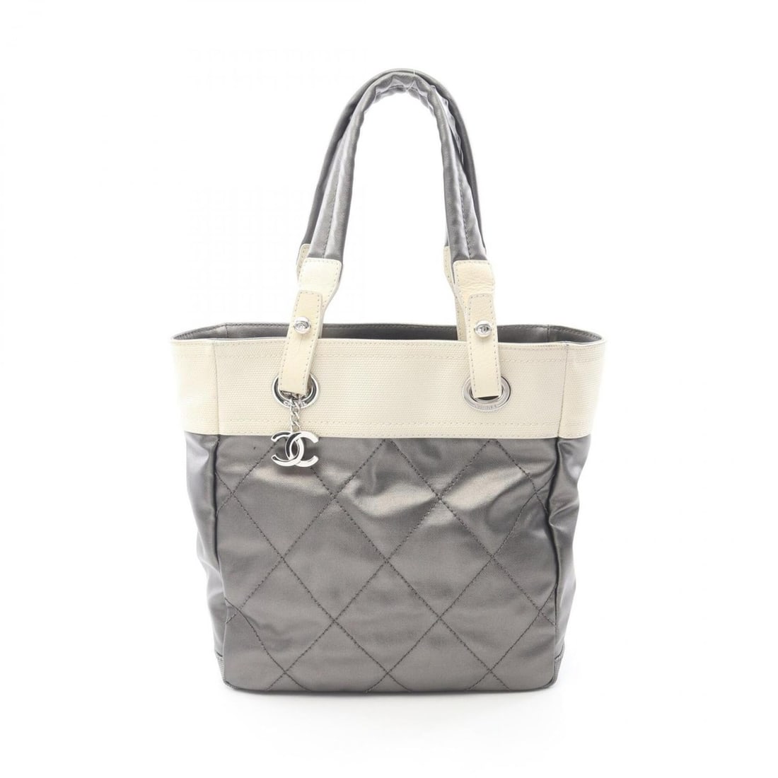 Chanel Paris Biarritz PM Tote Bag Handbag, Coated Canvas Leather, Women's, Silver/Ivory: --- Catalog ---Category: SizeSize (HxWxD): 27cm x 25cm x 11cm / 10.62'' x 9.84'' x 4.33''Category: DesignType: Handbag, Tote bagColor: Ivory, SilverGender: WomenMaterial: Coated canvas , Leather Categ