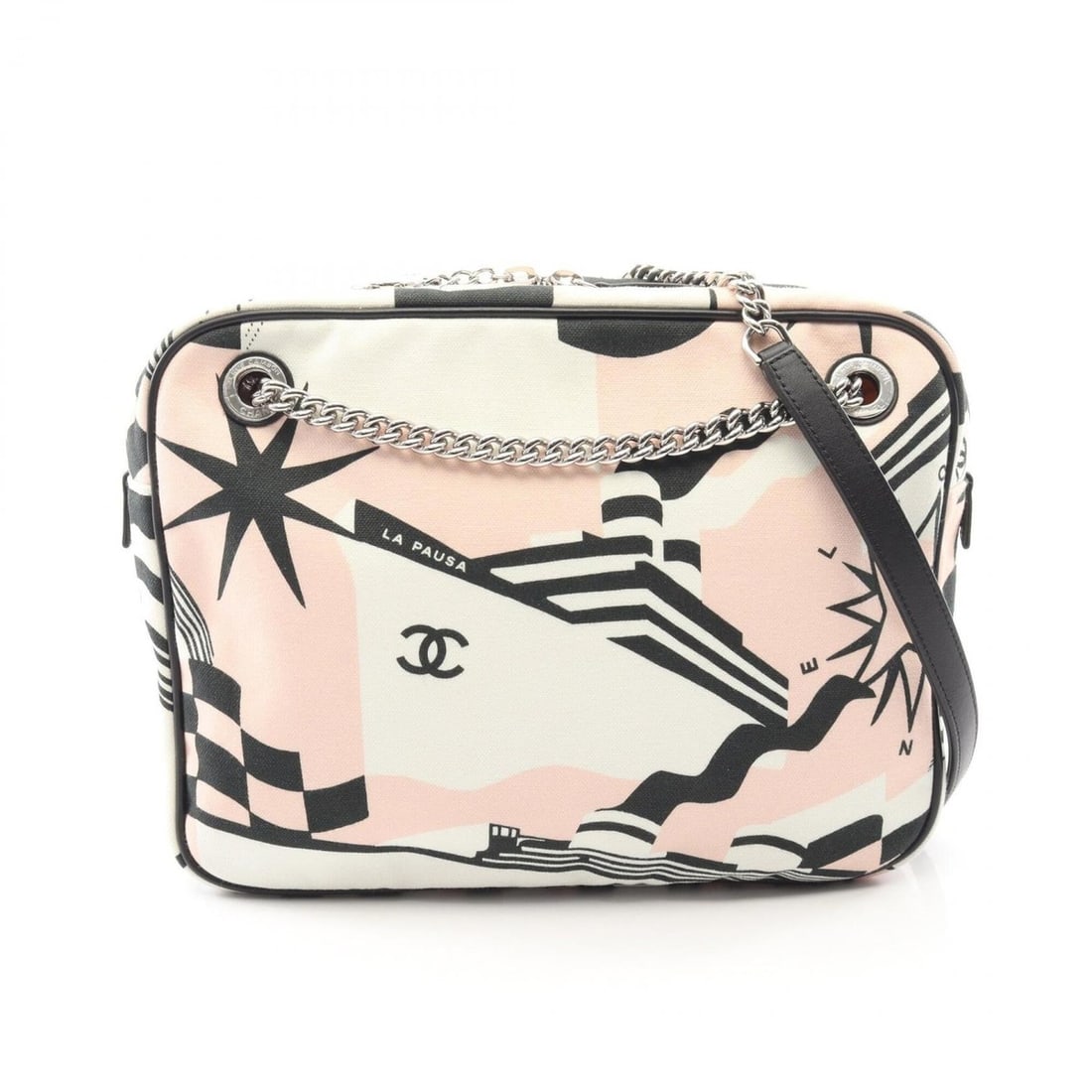 Chanel LA PAUSA Cruise Line Shoulder Bag/Handbag, Canvas and Leather, Women's, White/Multicolor: --- Catalog ---Category: SizeSize (HxWxD): 22cm x 27cm x 7cm / 8.66'' x 10.62'' x 2.75''Category: DesignType: Handbag, Shoulder bagColor: Multi-color, WhiteGender: WomenMaterial: Canvas , Leather Cate