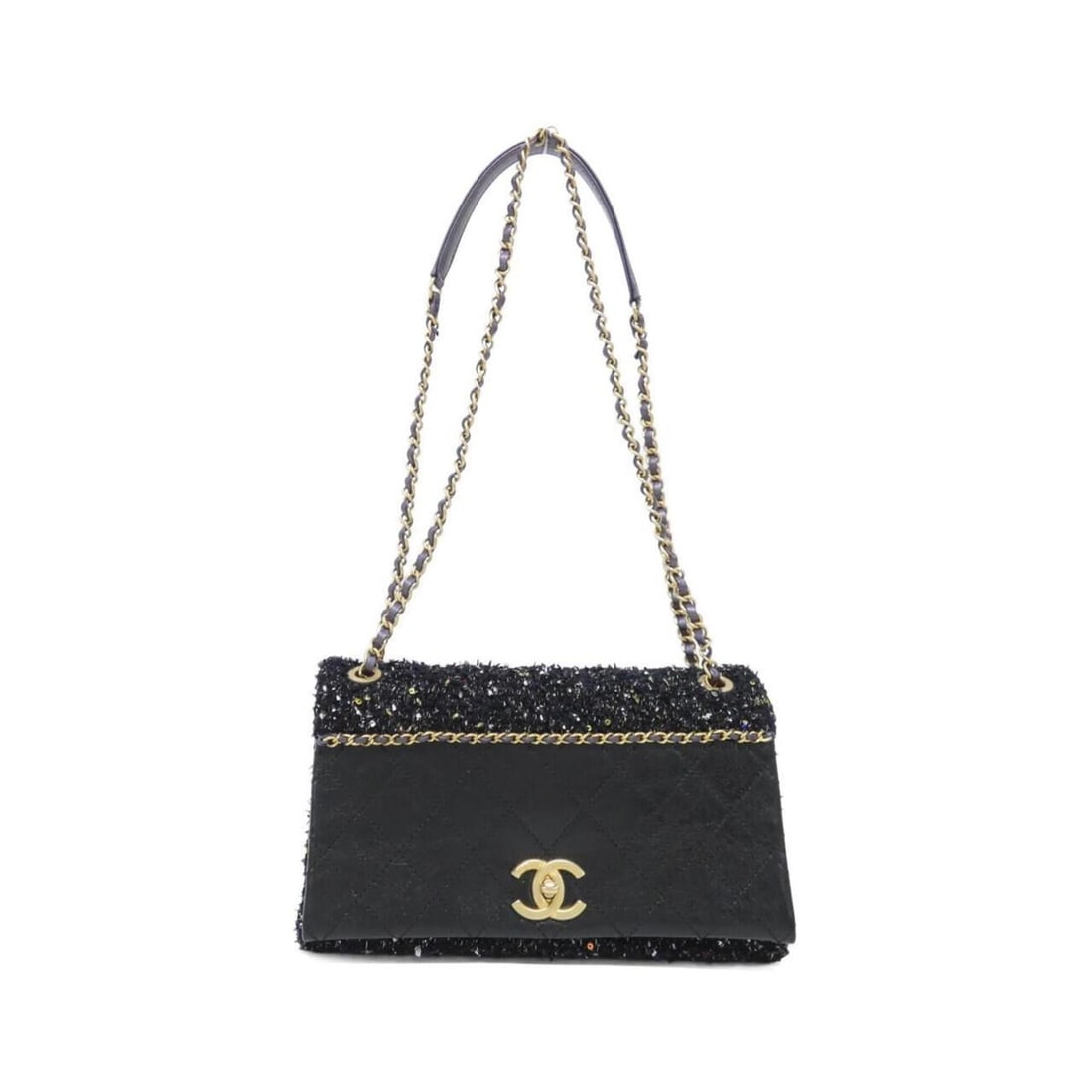 Chanel 91992 Shoulder Bag: --- Catalog ---Category: SizeSize (HxWxD): 15cm x 26cm x 6cm / 5.9'' x 10.23'' x 2.36''Category: DesignType: Shoulder bagColor: Black, PurpleGender: WomenMaterial: Tweed , Leather Hardware Color:
